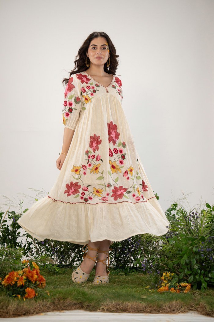 Off-White Long Dress with Handcrafted Floral Design - Freyaa USA & Canada