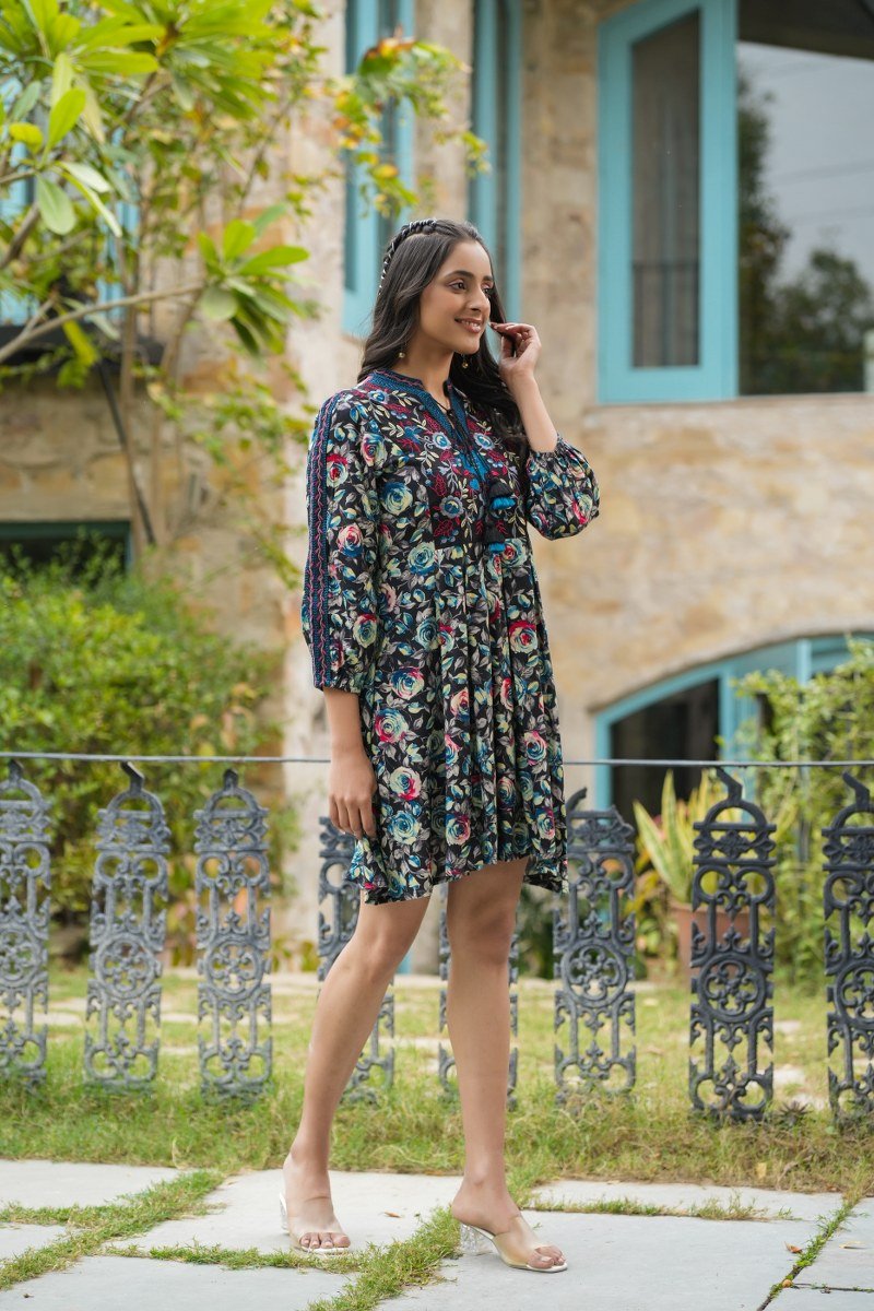 Tie-U Multicolor Floral Print Cotton Tunic Dress - Freyaa USA & Canada