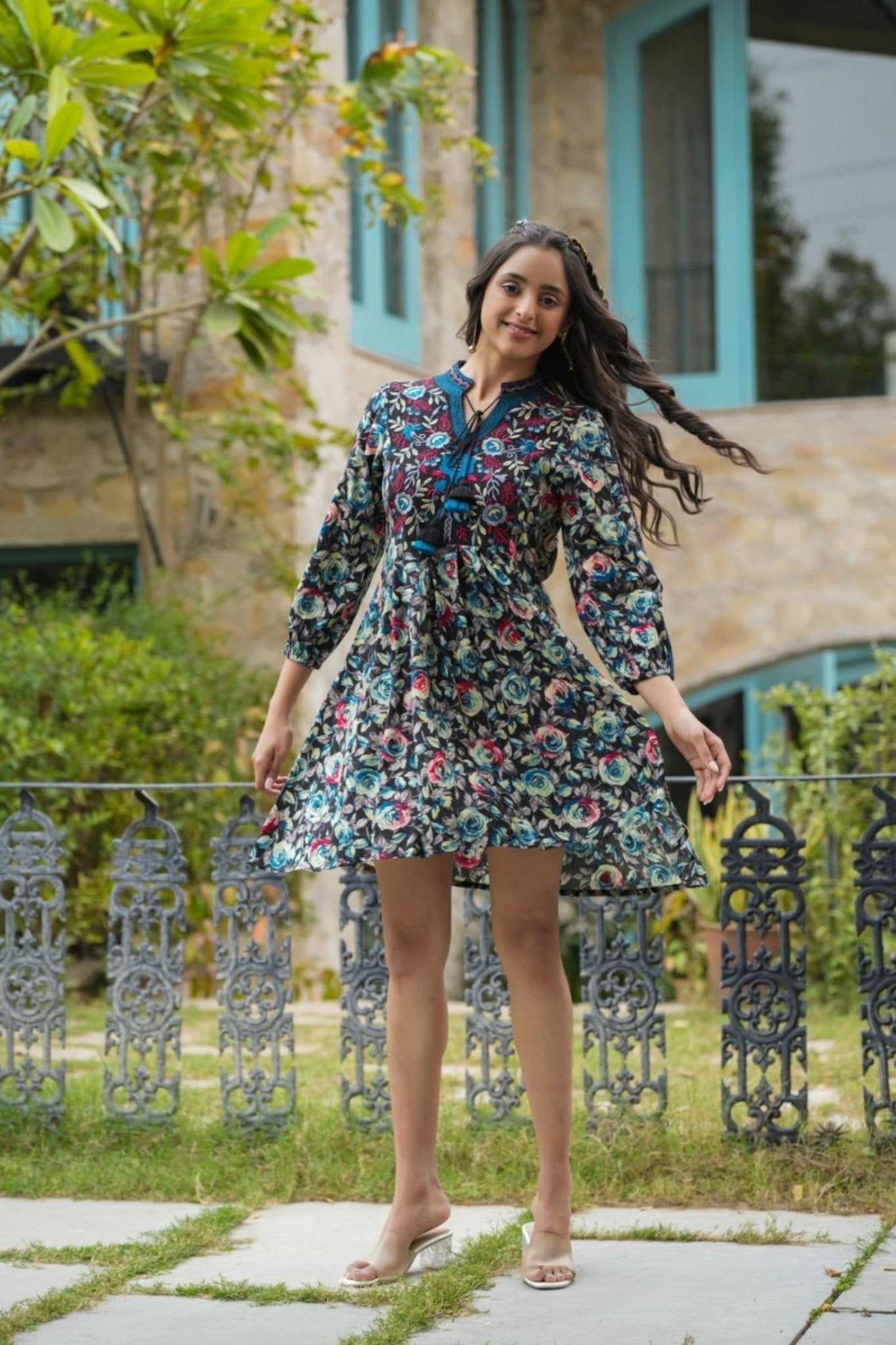 Tie-U Multicolor Floral Print Cotton Tunic Dress - Freyaa USA & Canada
