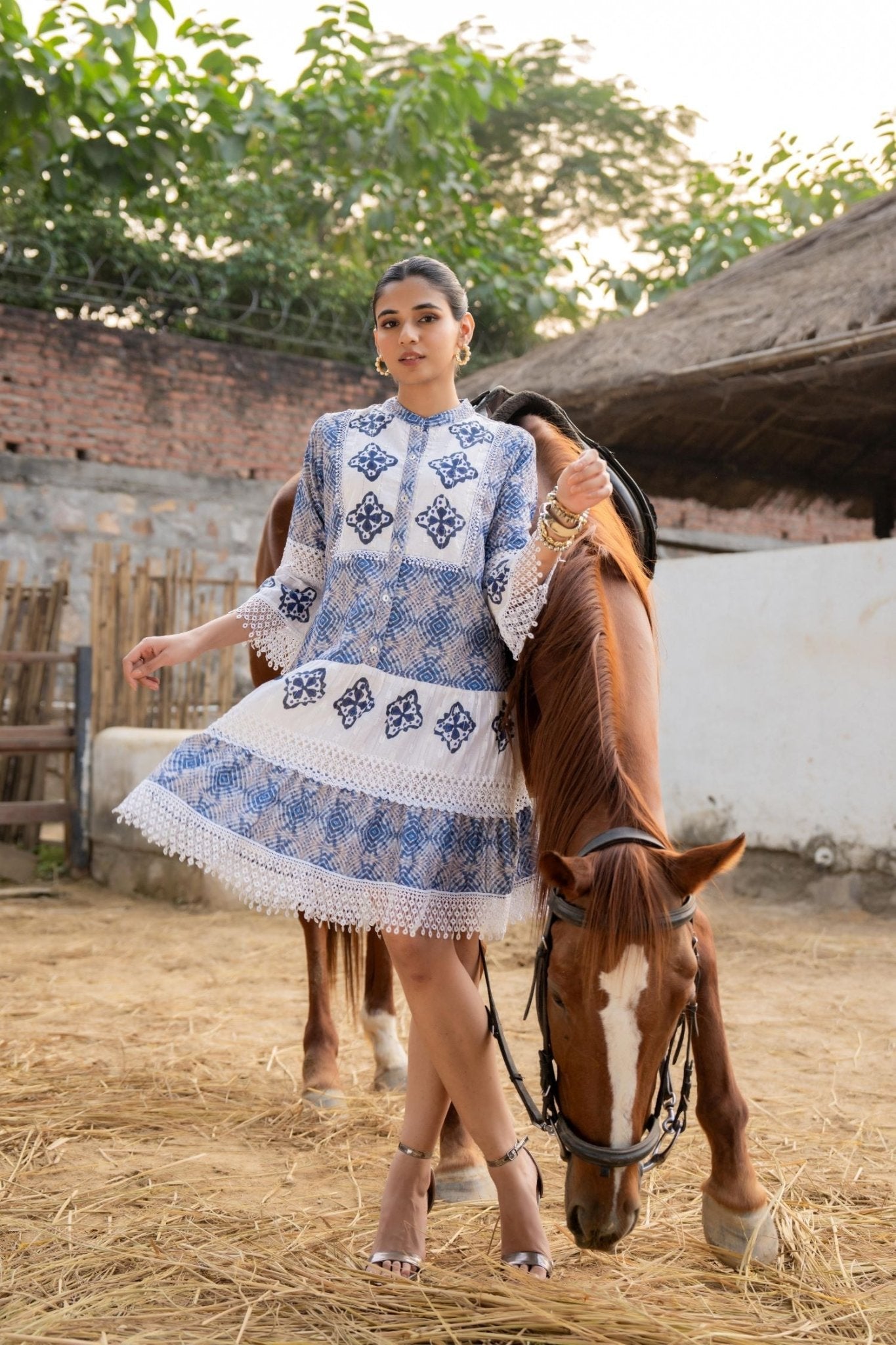 FREYAA Blue Cotton Tunic Embroidered Net Design Sleeves - Freyaa USA & Canada
