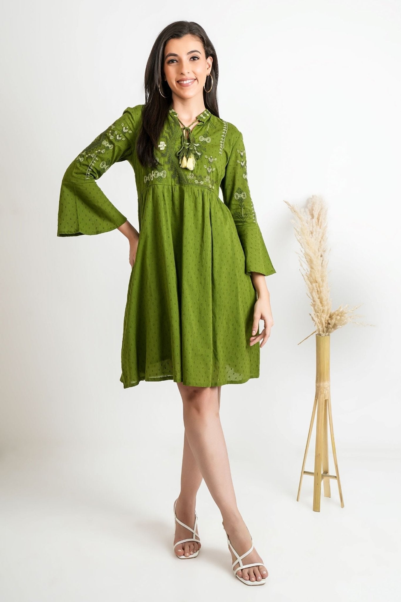 Forest Flow Solid Green Cotton Dress - Freyaa USA & Canada