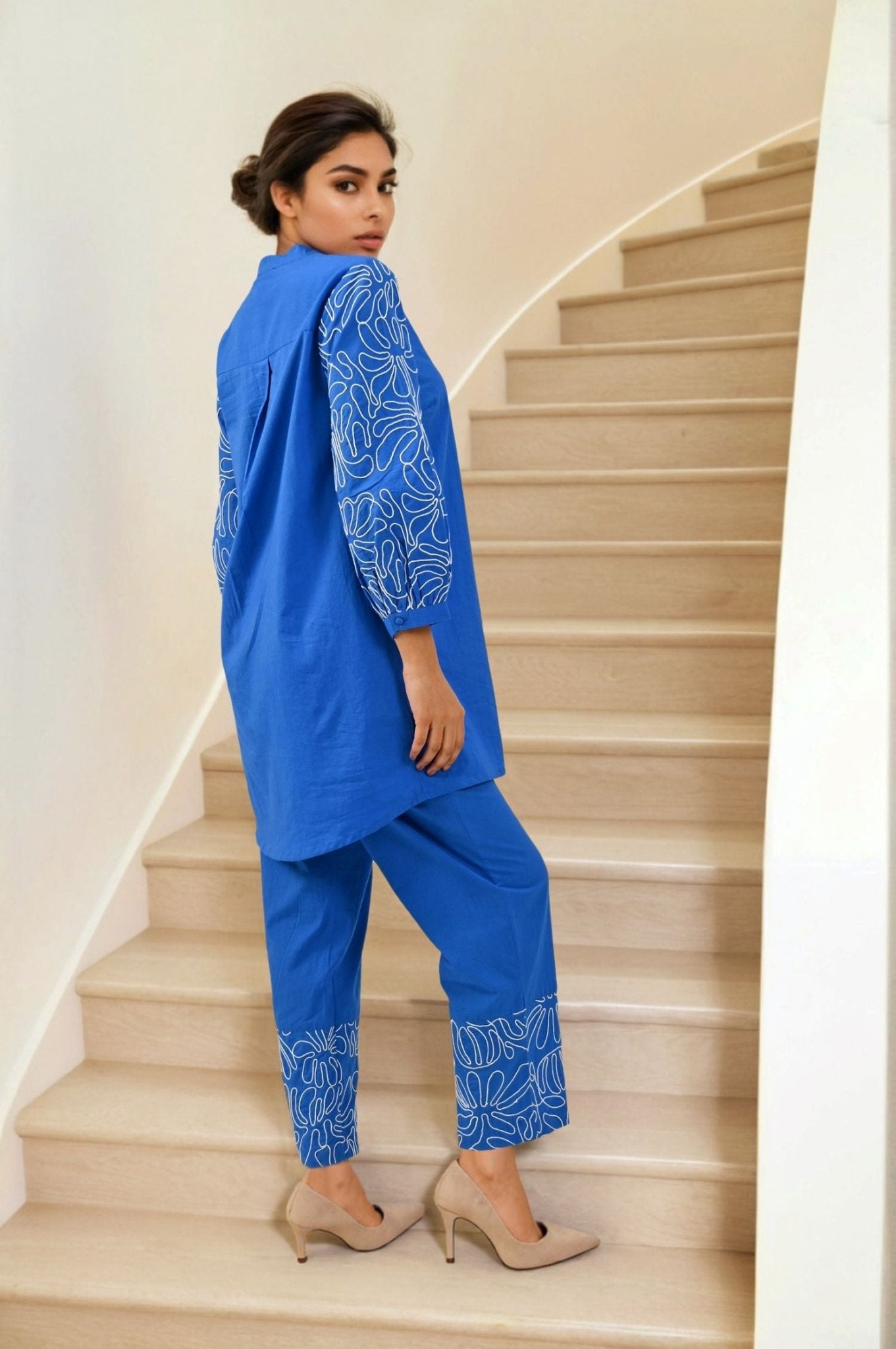 Blue Embroidered Grace Cord Set - Freyaa USA & Canada