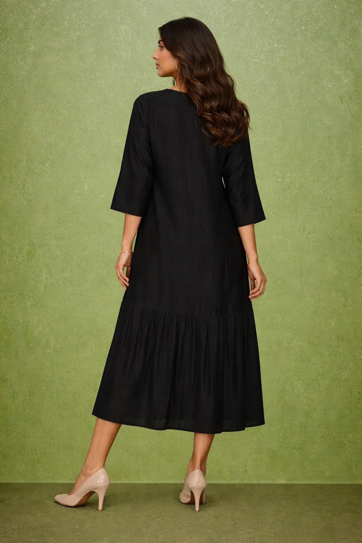 Black Satin Dress with Golden Floral Shoulder Embroidery - Freyaa USA & Canada