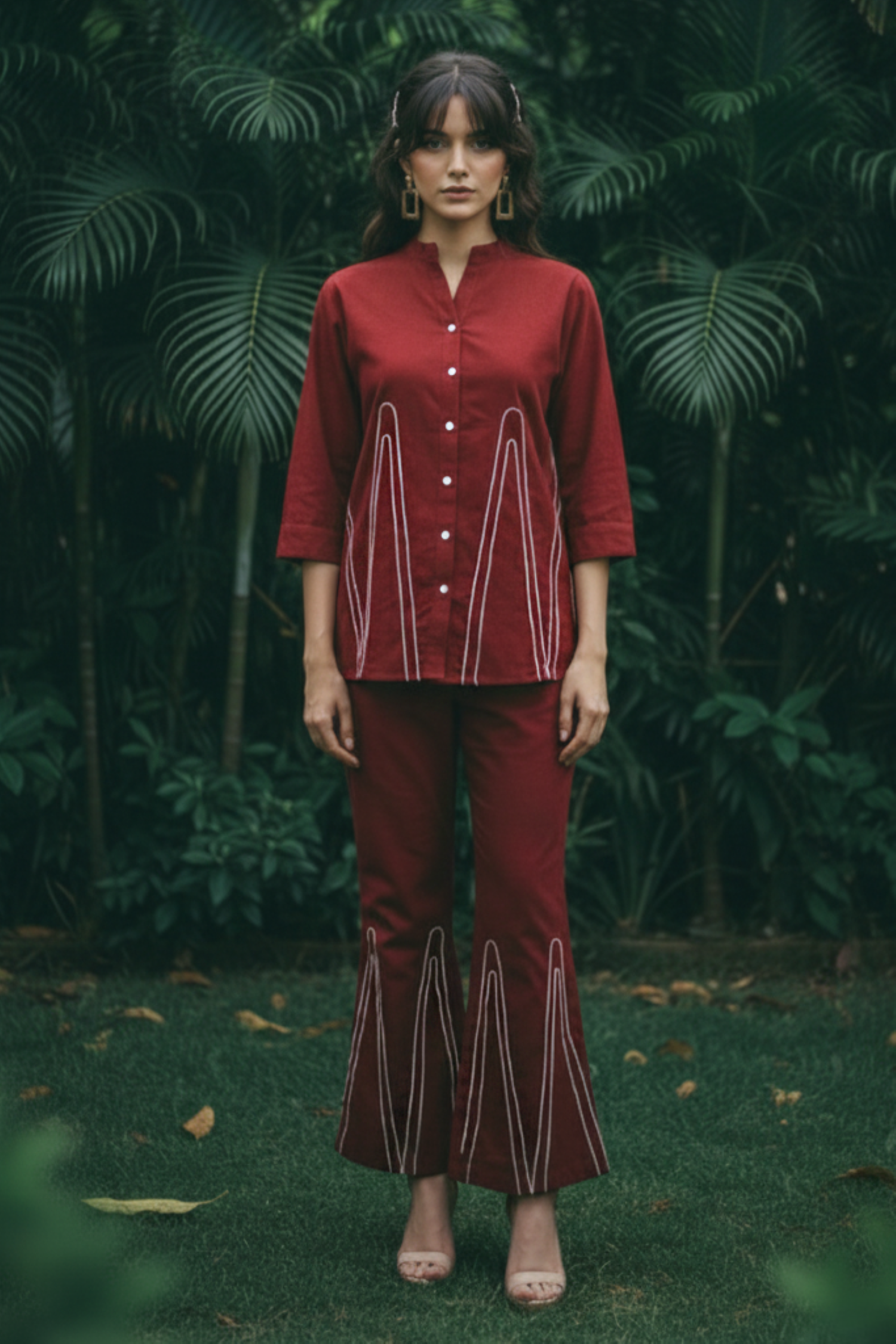 Linen Cotton Maroon Red Relax Fit Cord Set.