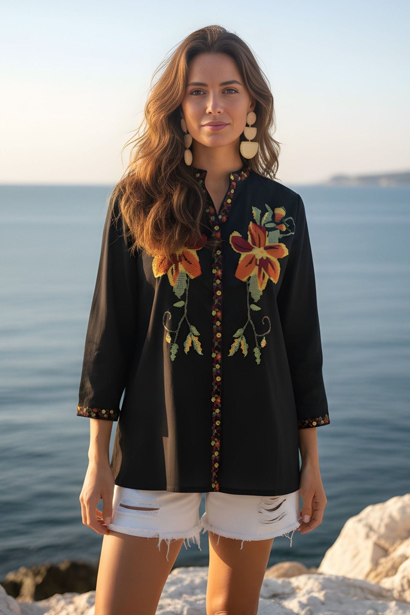 Black Floral Embroidered Tunic Top - Freyaa USA & Canada