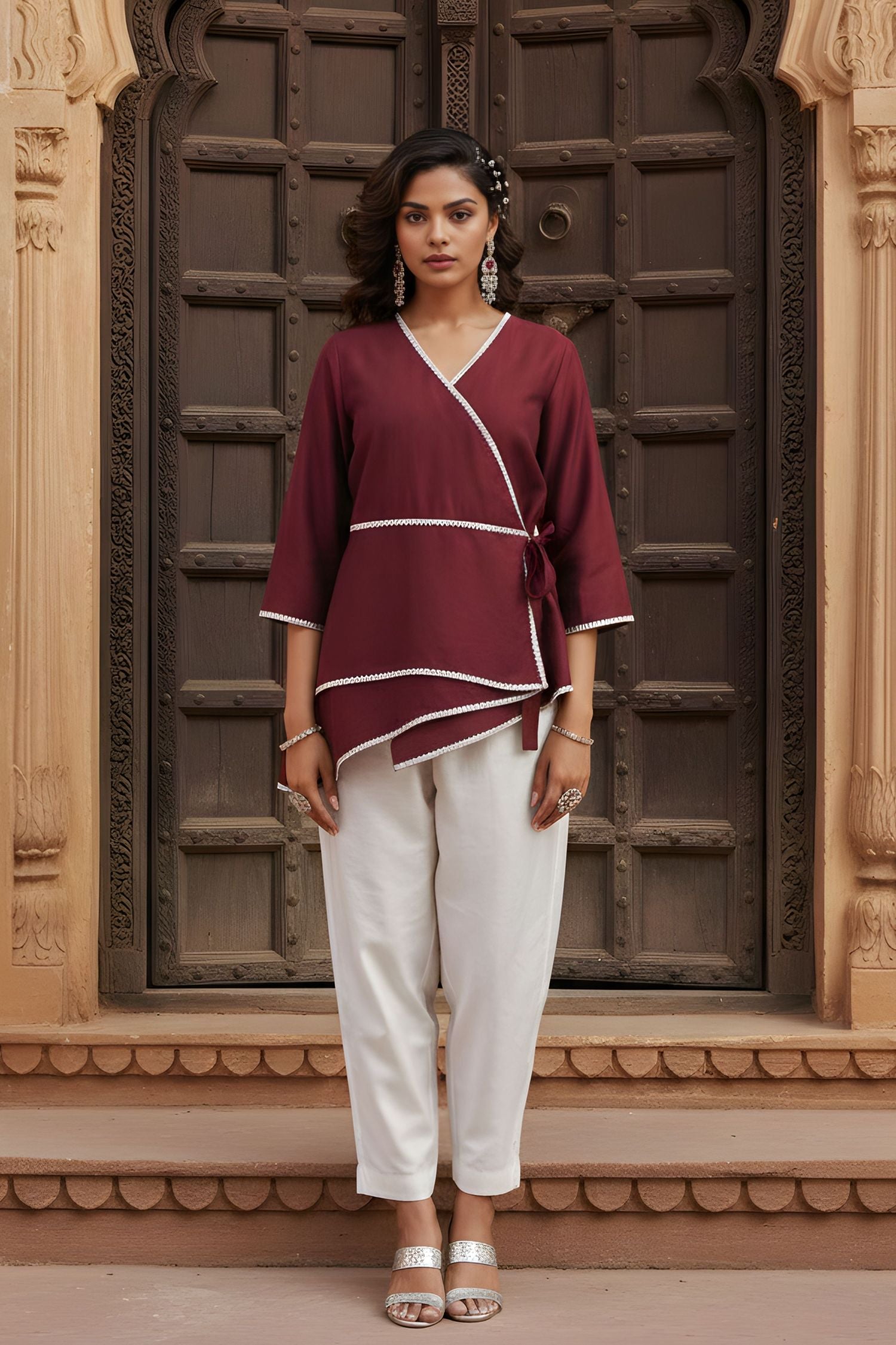 Maroon Wrap-Style Asymmetric Top
