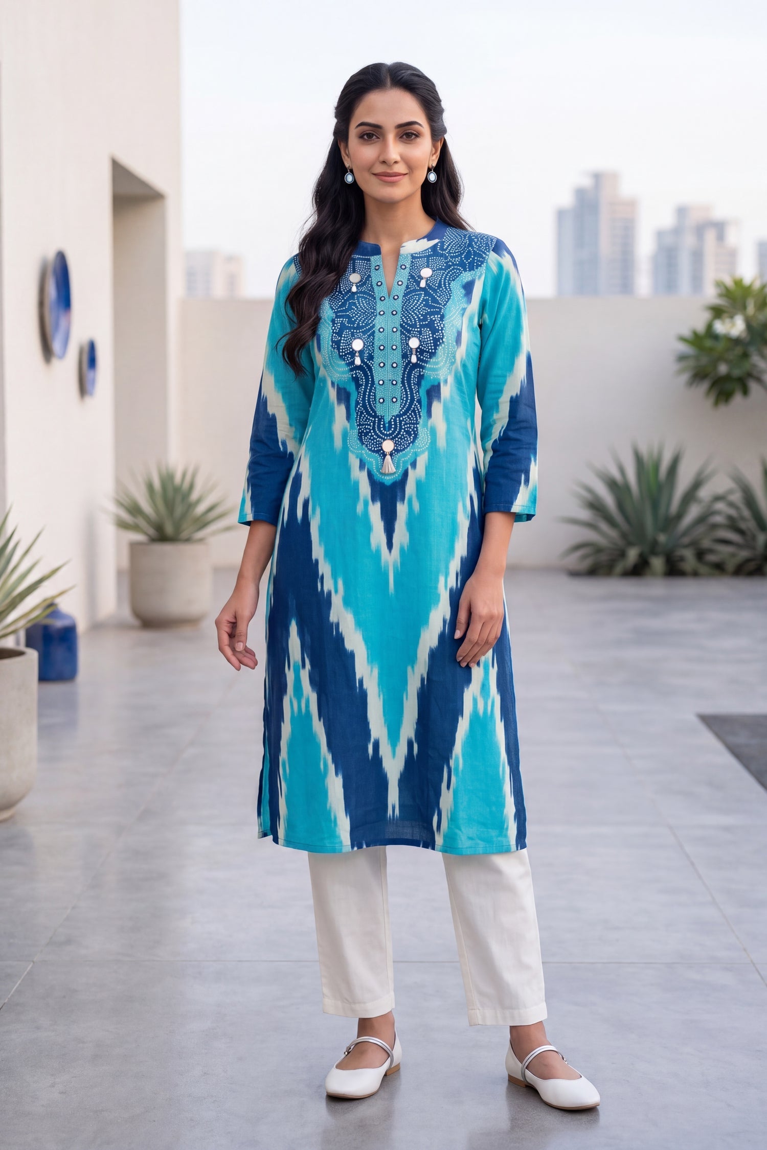 Blue & White Ikat Chevron Print Kurta Set
