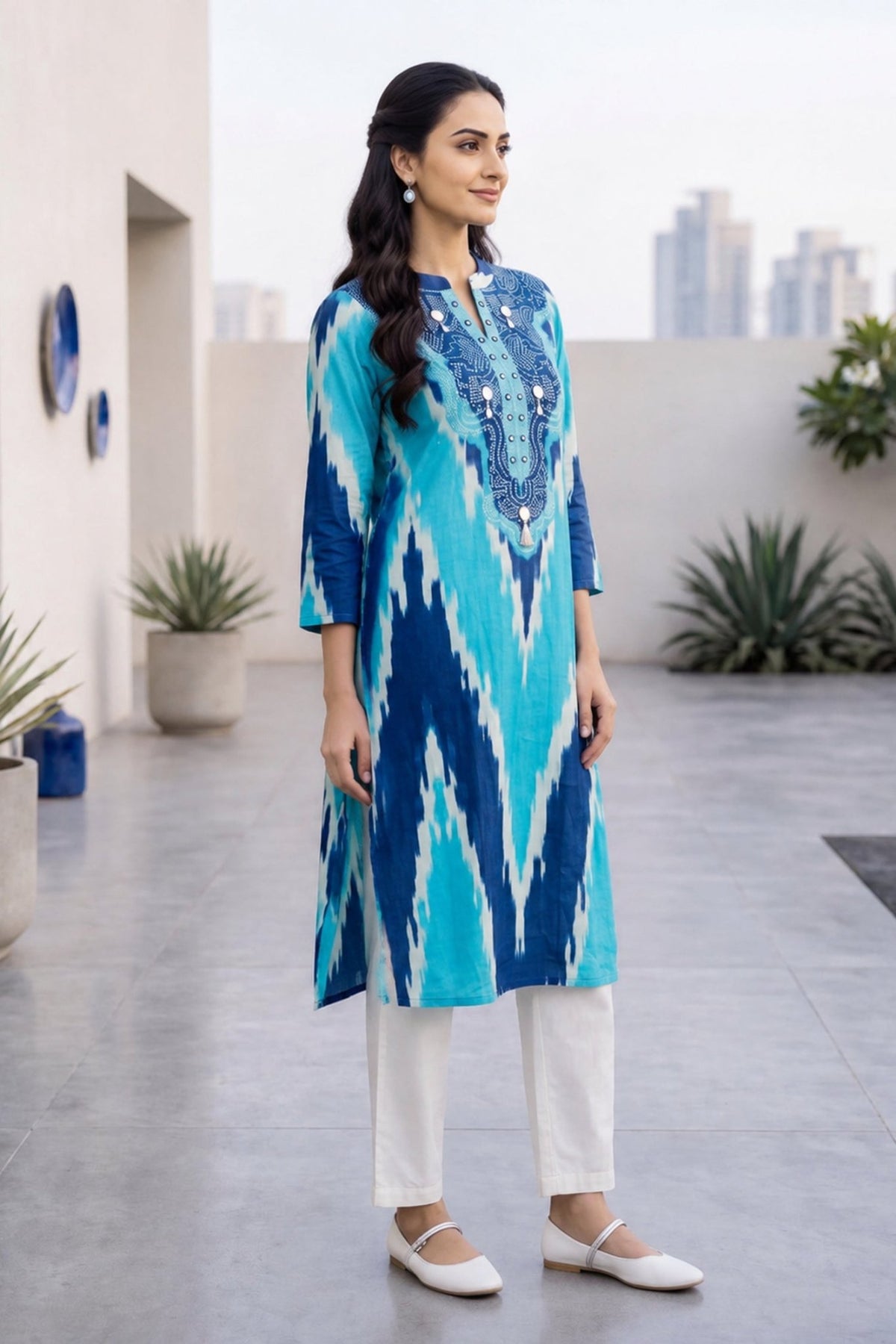 Blue & White Ikat Chevron Print Kurta Set - Freyaa