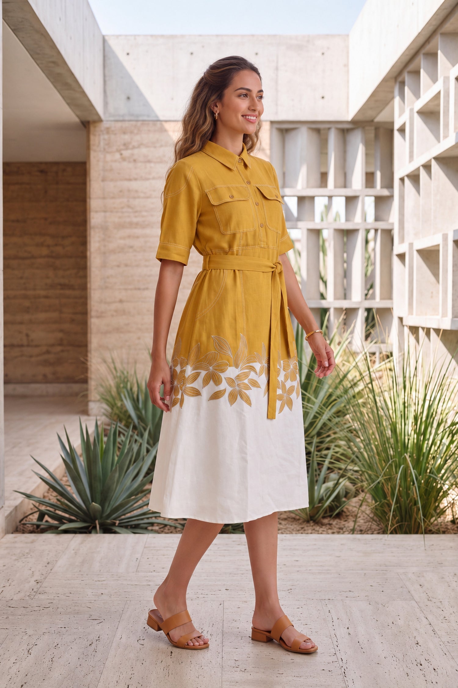 Yellow Ochre Belted & Floral Applique Midi Dress.