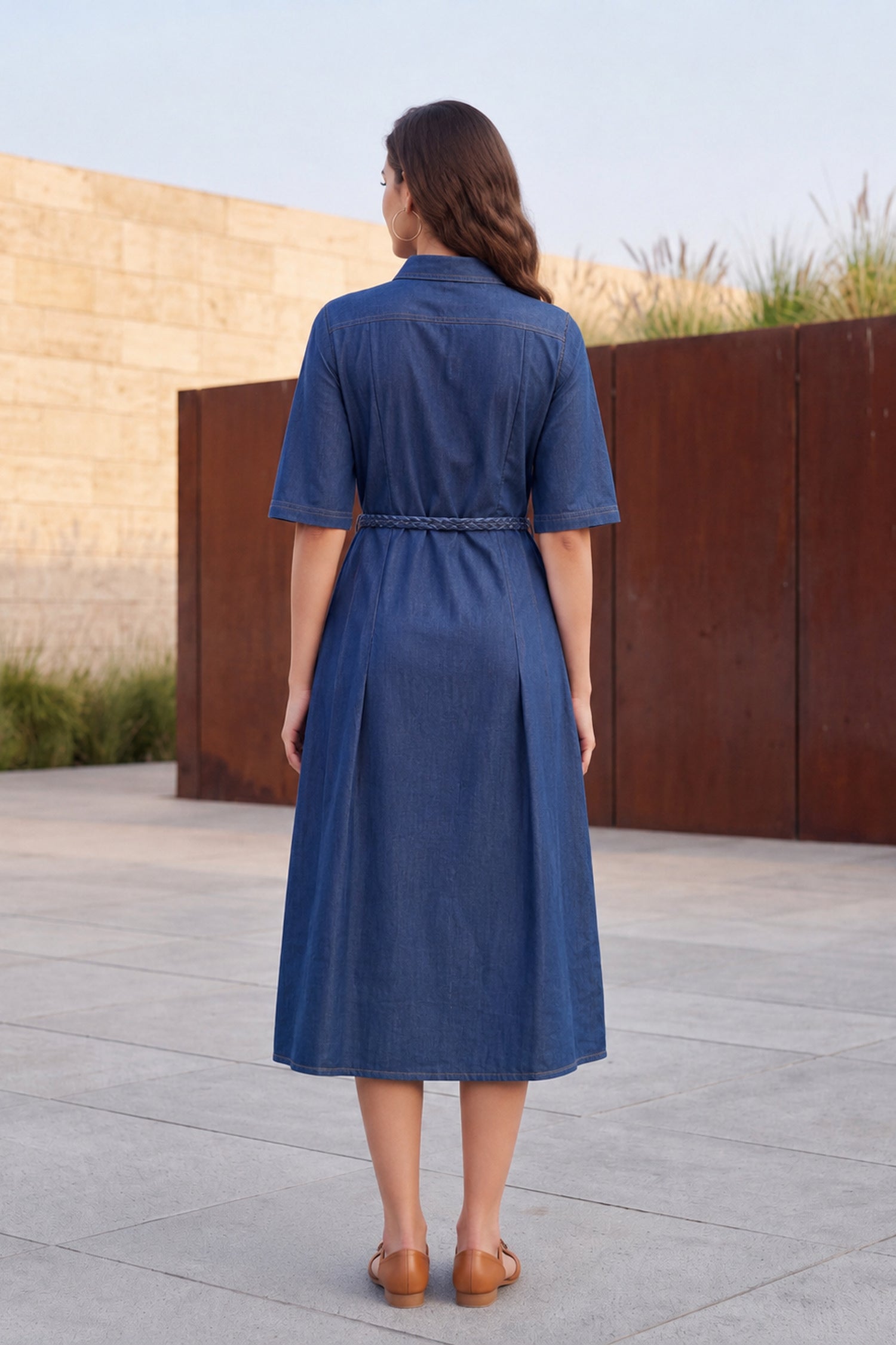 Floral Embroidered Denim Midi Shirt Dress