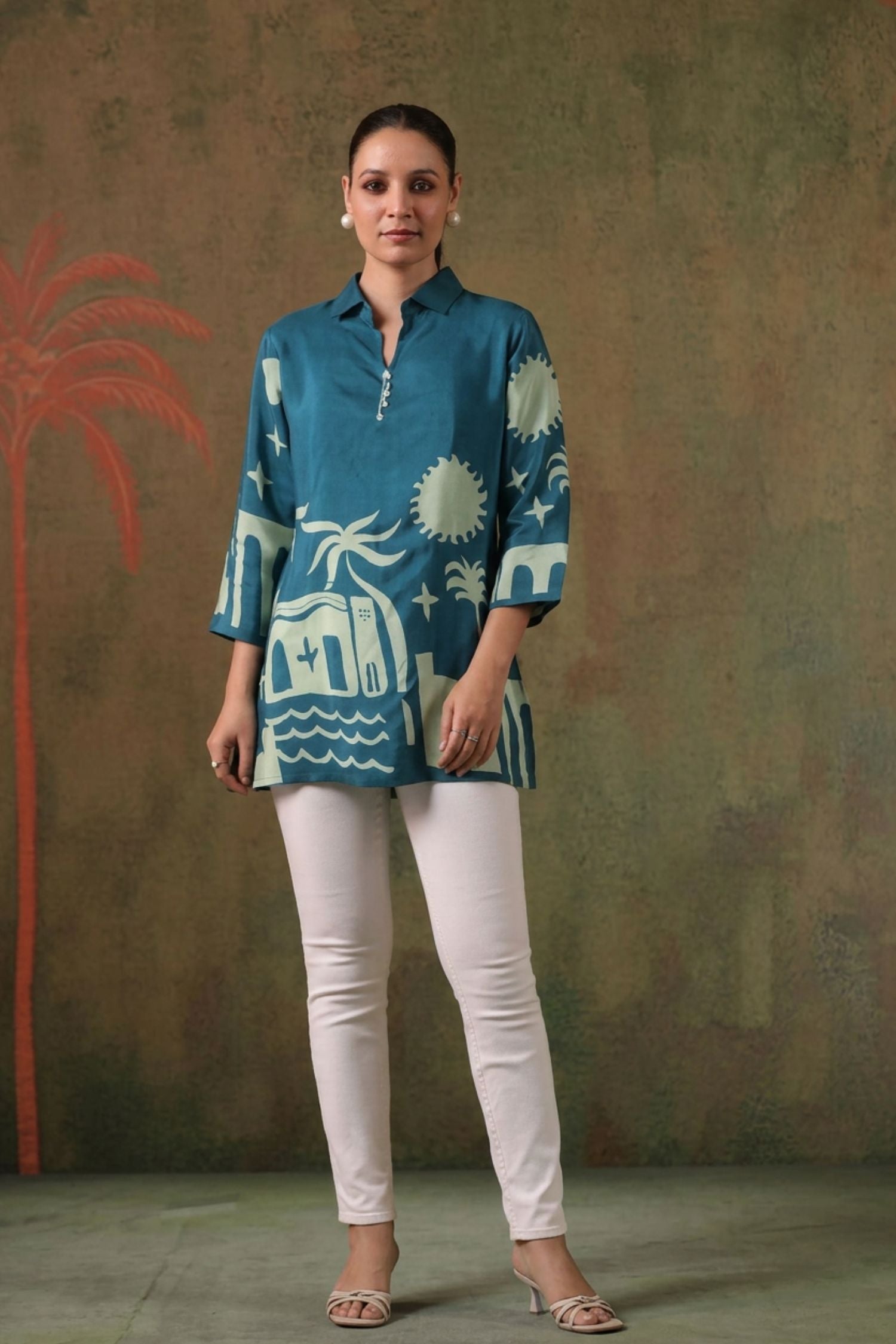 Women's Teal Blue Ethnic Print Russian Silk Shirt Top
