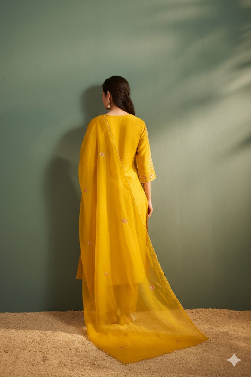 Mustard Straight Kurta Set with Detailed Neck Embroidery & Dupatta - Freyaa USA & Canada
