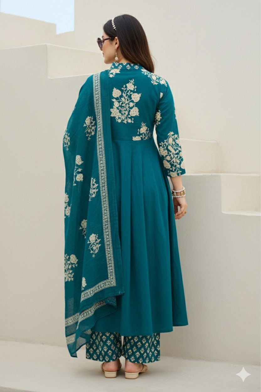 Blue V-Neck Embroidered Cotton Floral Printed Kurta Palazzo Dupatta Set - Freyaa USA & Canada