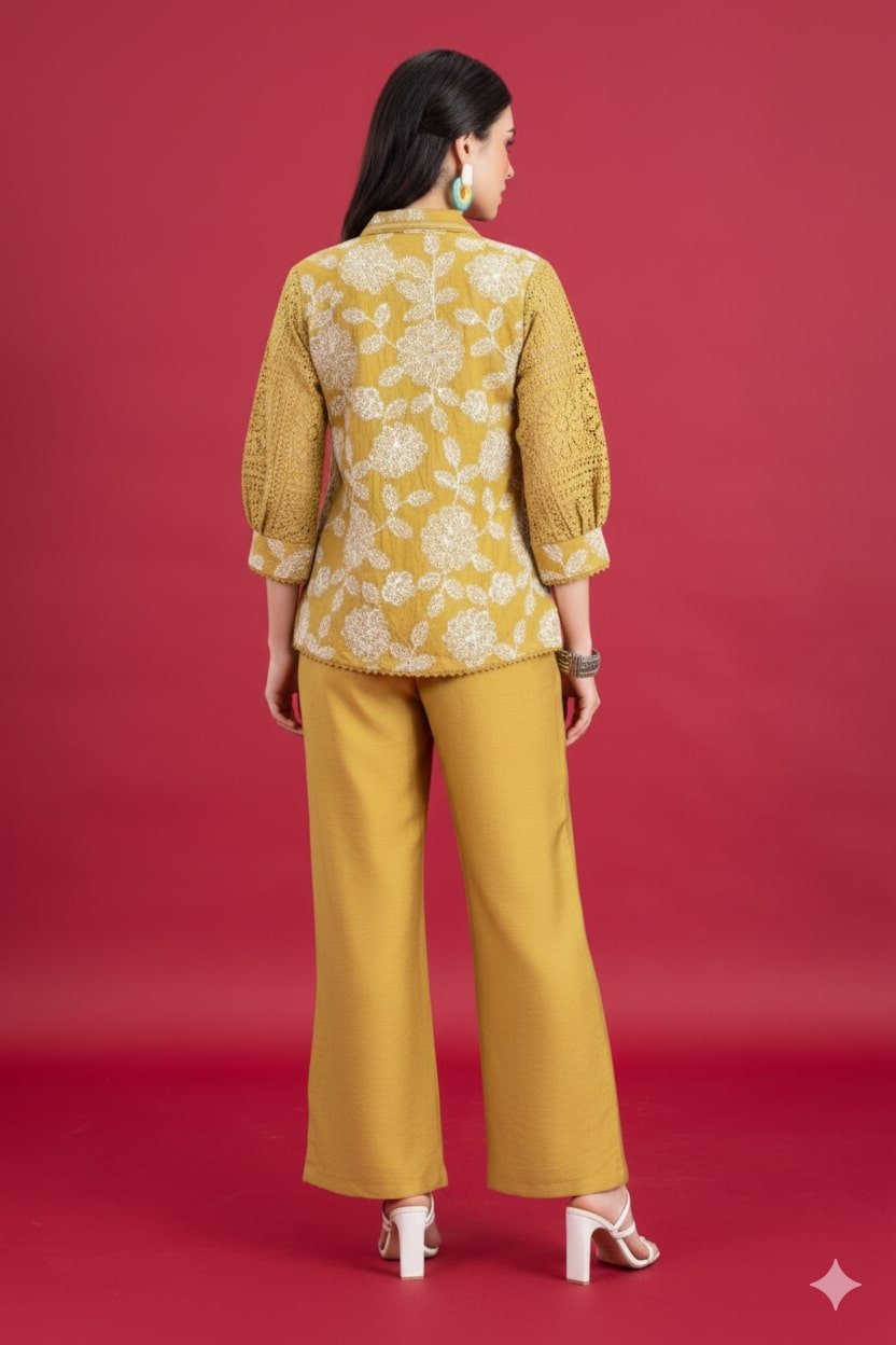 Yellow Cotton Cord Set with Matching Jacket and Solid Pants - Freyaa USA & Canada