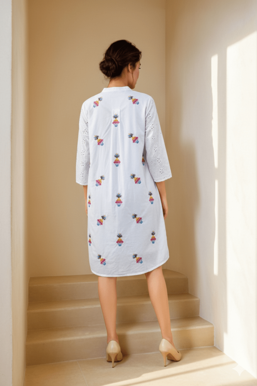 White Shirt-Style Tunic Dress with Playful Pineapple Print - Freyaa USA & Canada