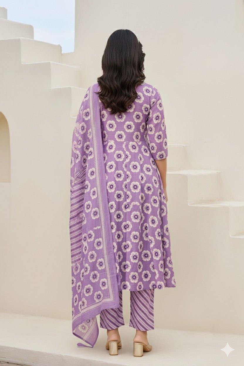 Purple V-Neck Embroidered Cotton Floral Printed Kurta Palazzo Dupatta Set - Freyaa USA & Canada