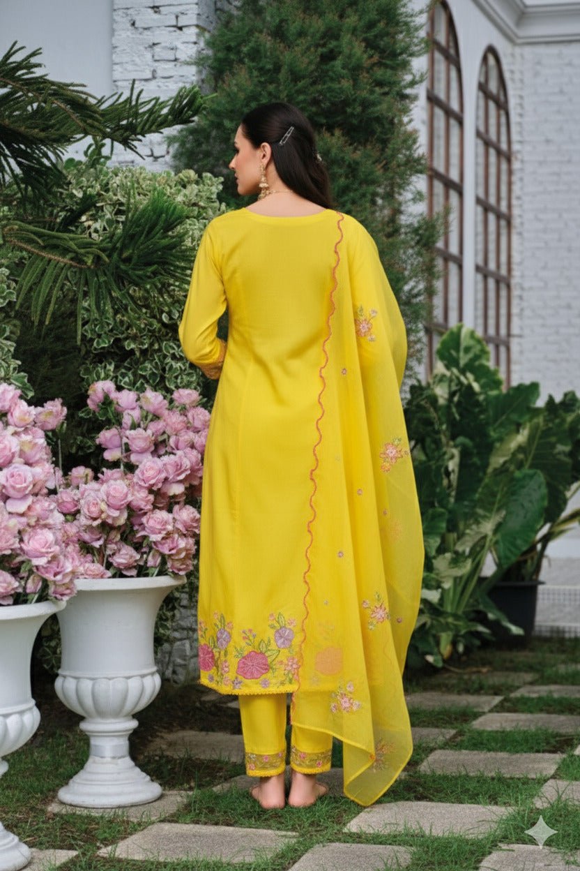 Yellow Mul Chanderi Kantha Work Floral Embroidered Suit Set - Freyaa USA & Canada