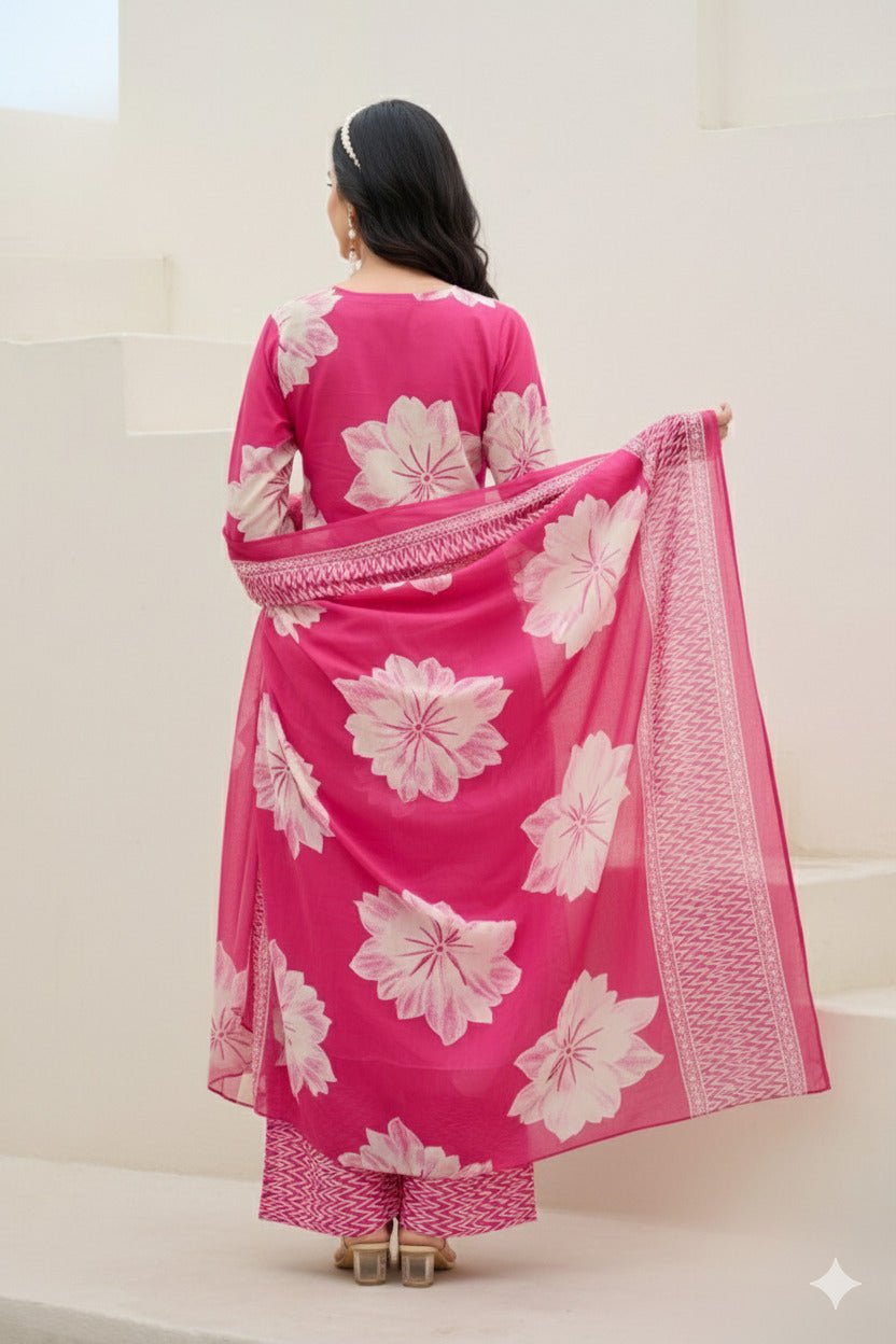 Pink V-Neck Embroidered Cotton Floral Printed Kurta Palazzo Dupatta Set - Freyaa USA & Canada