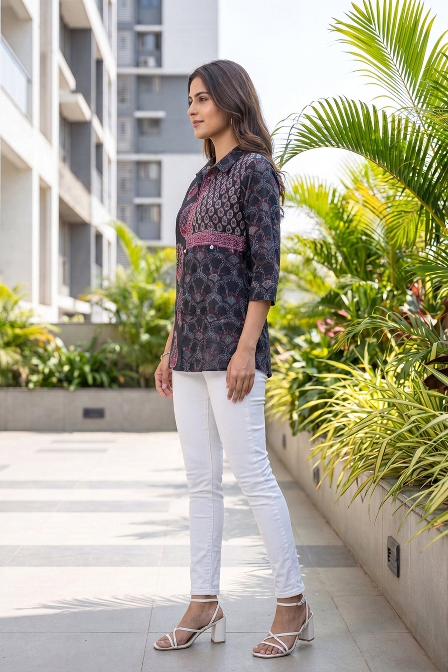 Indigo & Pink Crepe Top