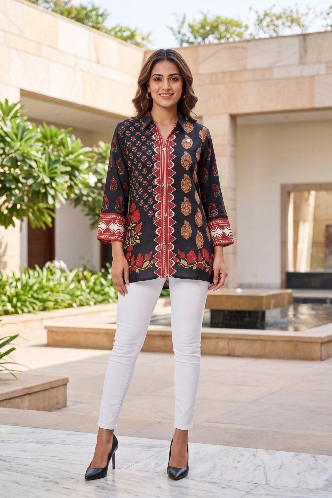 Navy Blue & Floral Printed Crepe Top - Freyaa USA & Canada