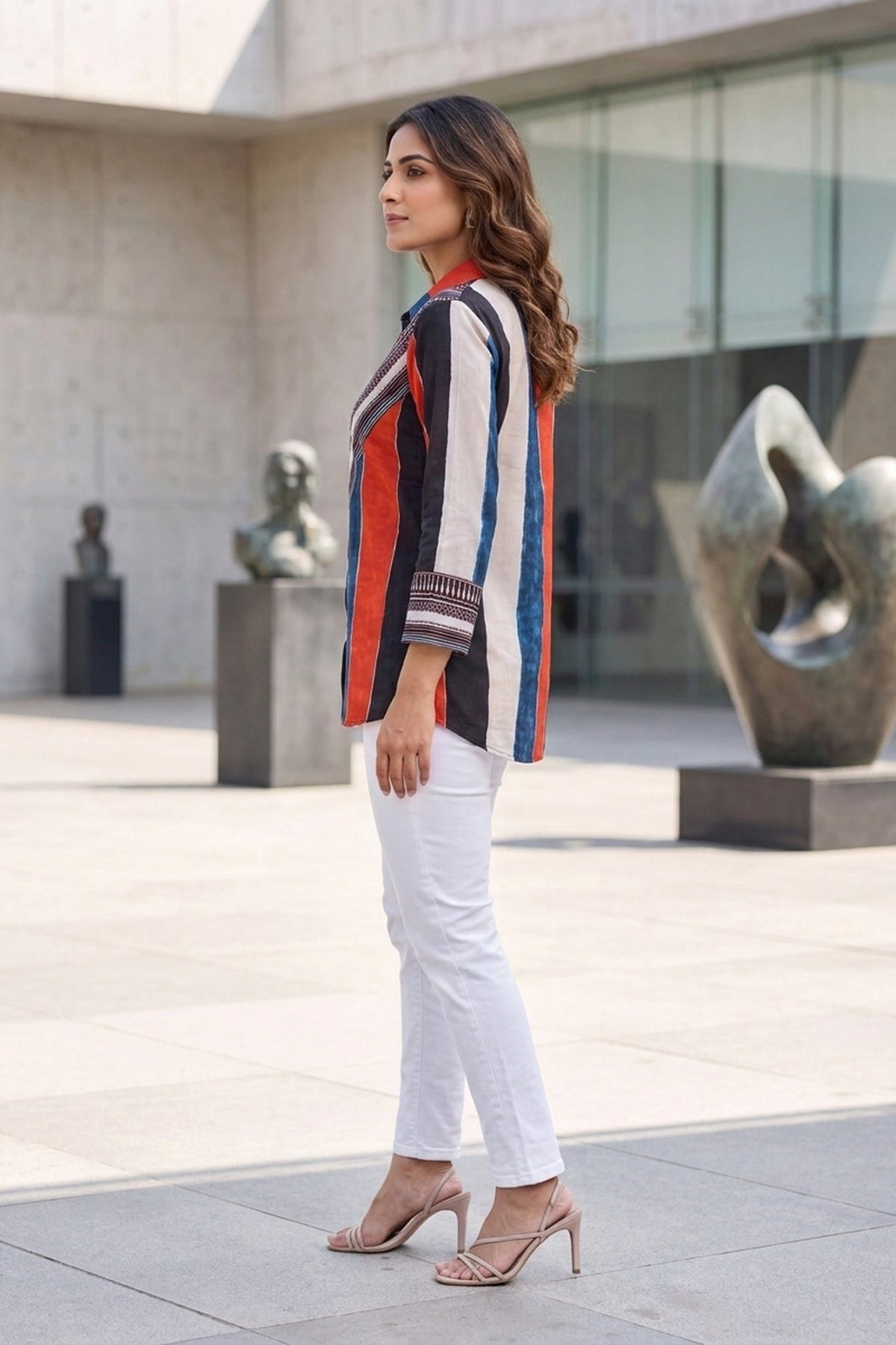 Multicolor Striped Geometric Crepe Shirt Top - Freyaa USA & Canada