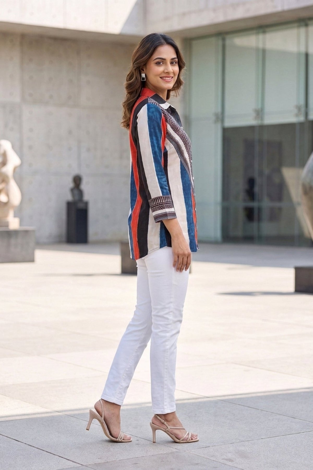 Multicolor Striped Geometric Crepe Shirt Top - Freyaa USA & Canada