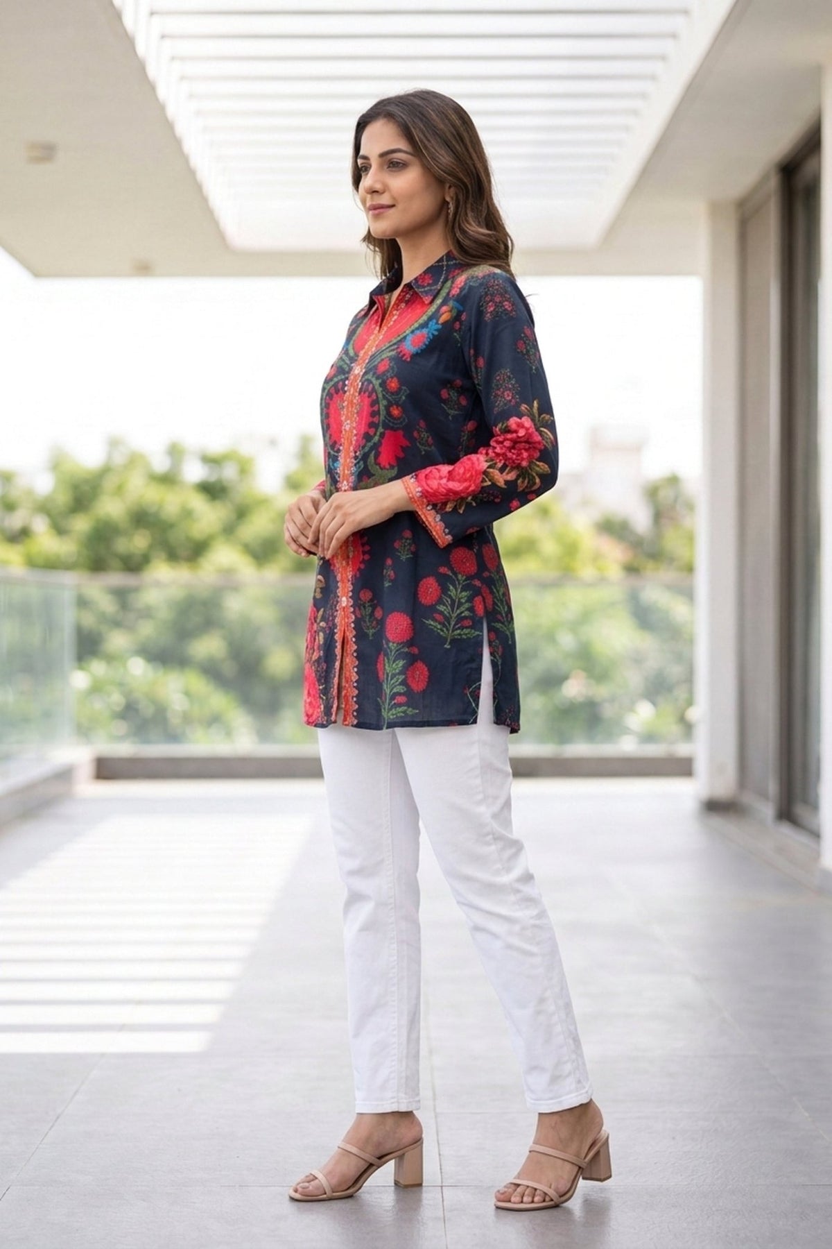 Navy Blue Floral Crepe Shirt Top - Freyaa USA & Canada