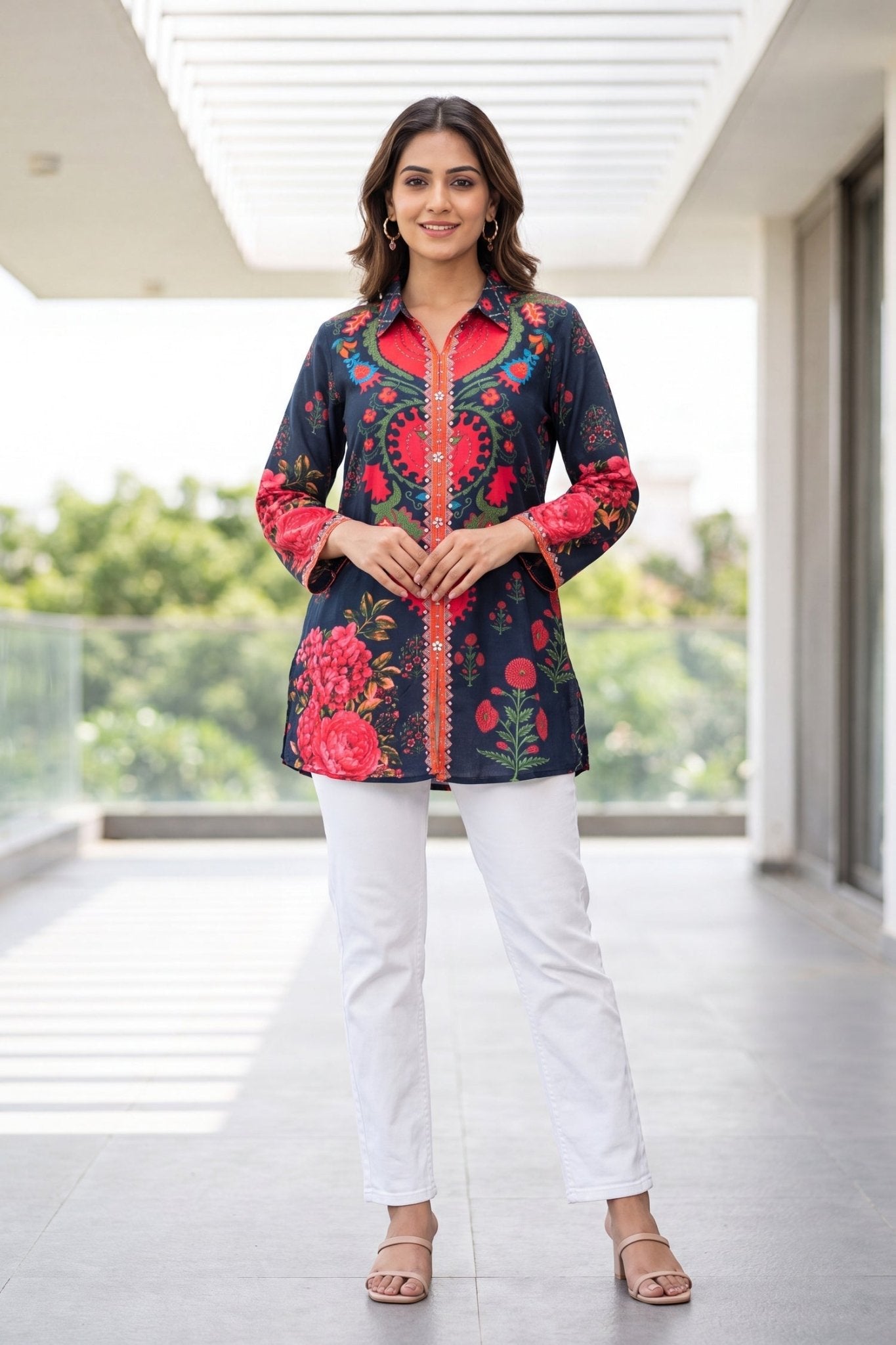 Navy Blue Floral Crepe Shirt Top - Freyaa USA & Canada