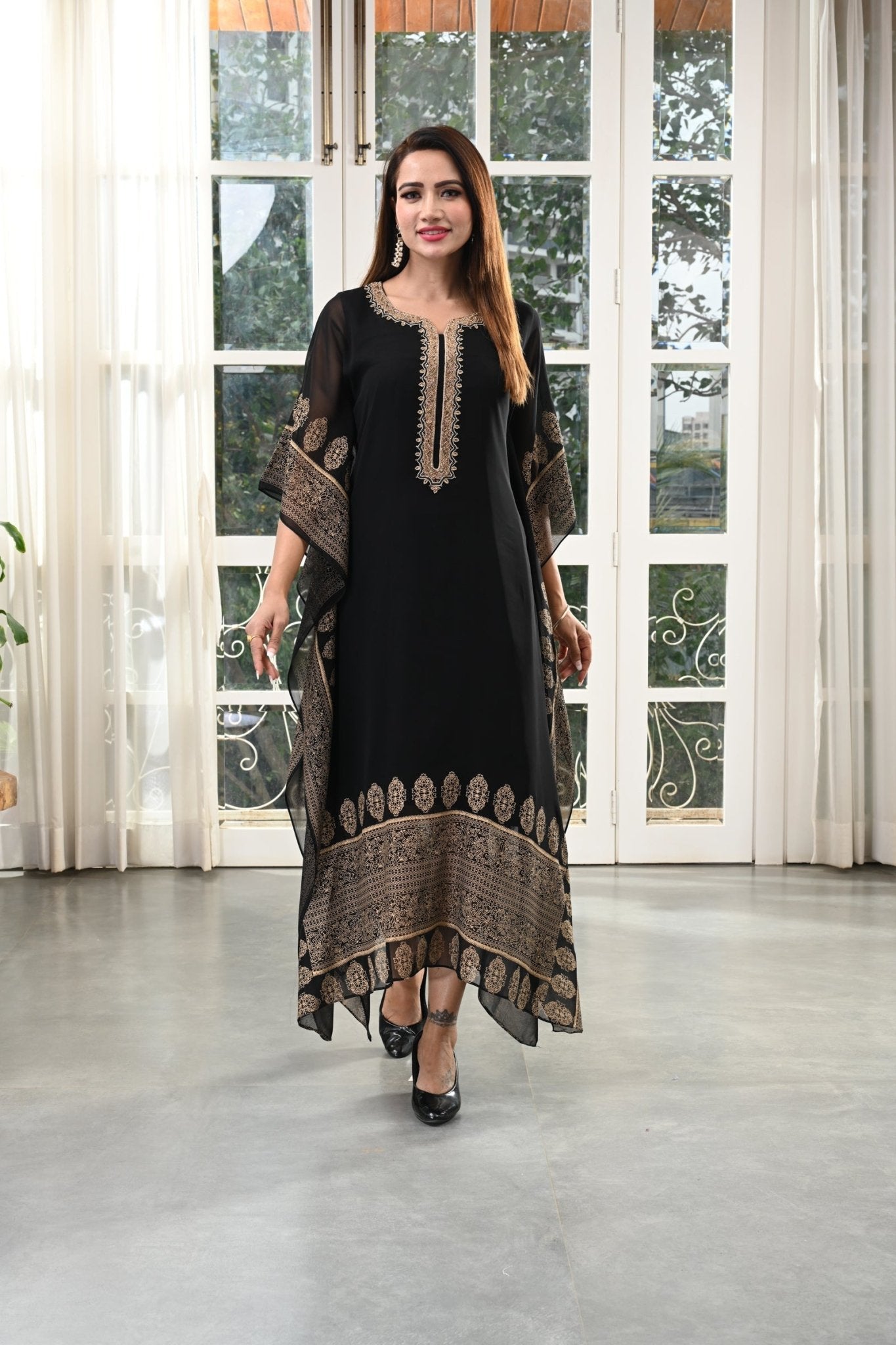 Gold Hand Embroidery Black Kaftan - Freyaa USA & Canada