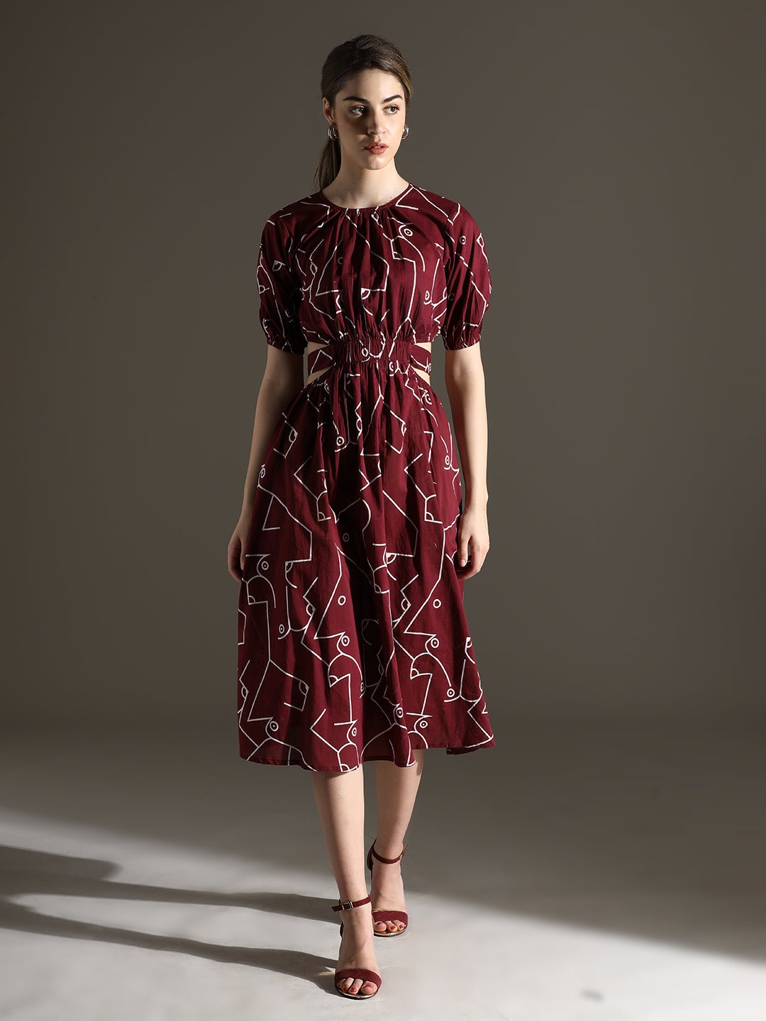 Maroon Long Dress with Stylish Back Cut and Print - Freyaa USA & Canada