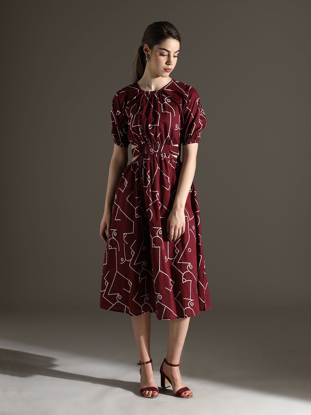 Maroon Long Dress with Stylish Back Cut and Print - Freyaa USA & Canada