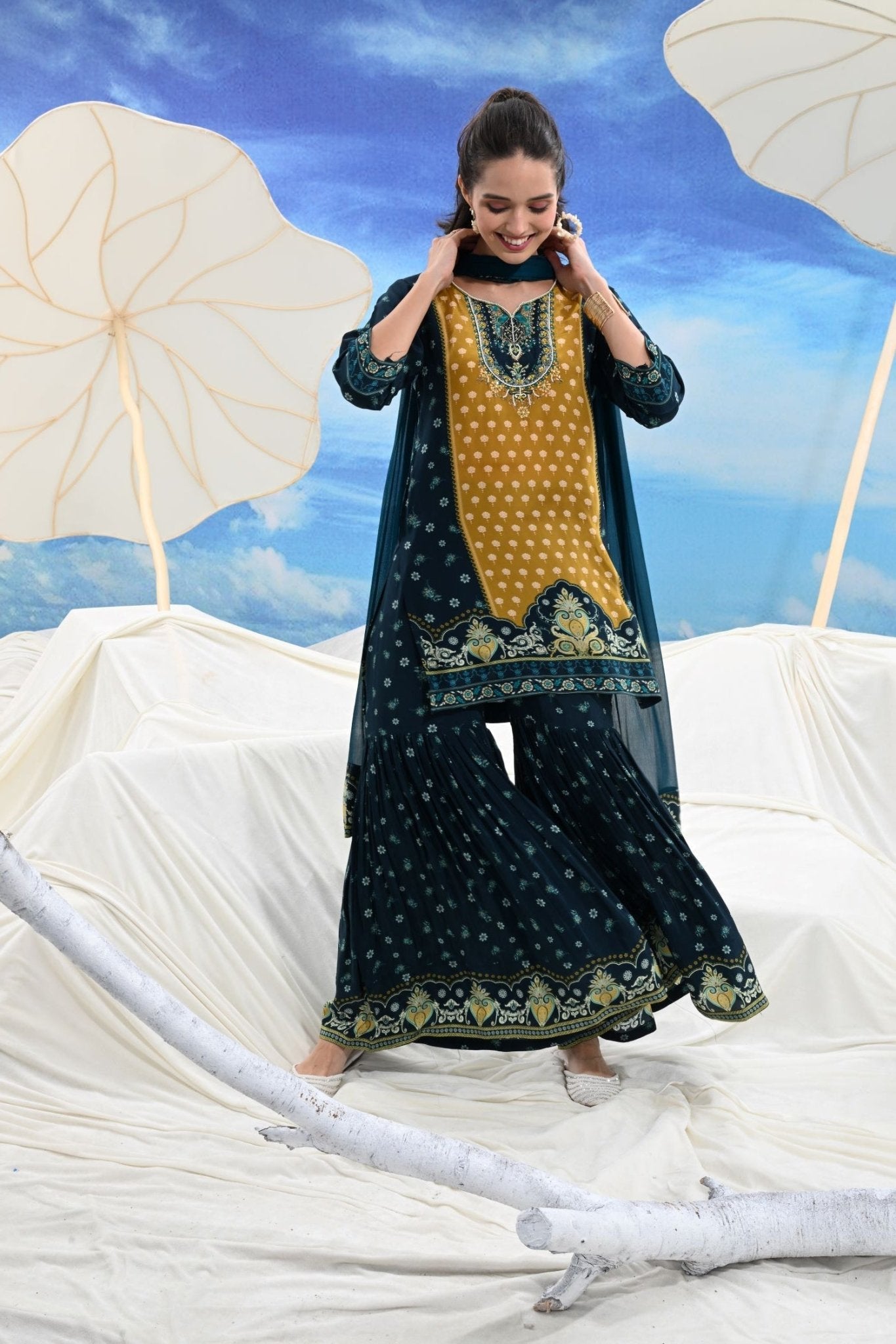Crepe Pleated Sharara Three-Piece - Freyaa USA & Canada