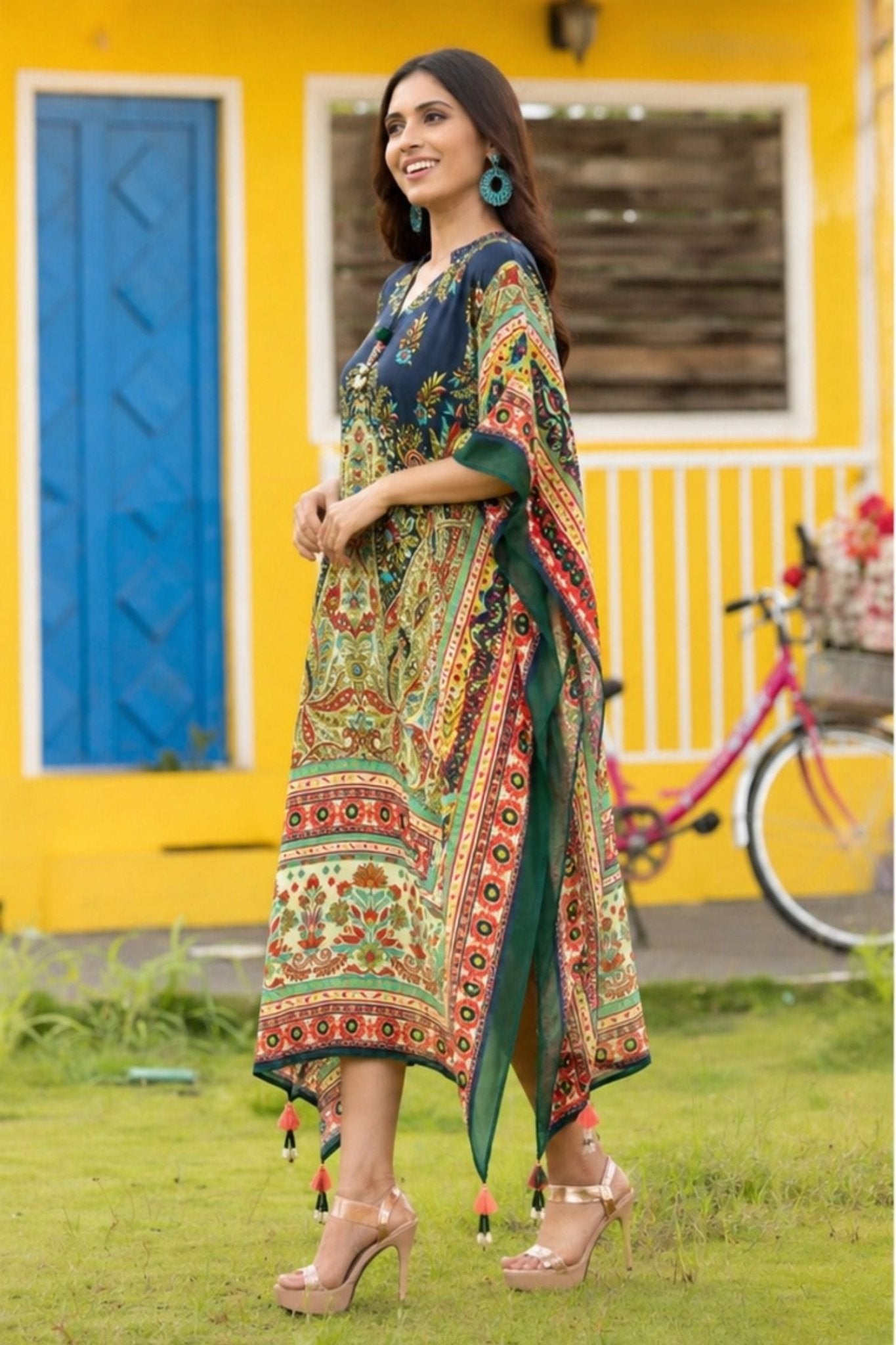 Chic Blue Long Kaftan with Printed Patterns - Freyaa USA & Canada
