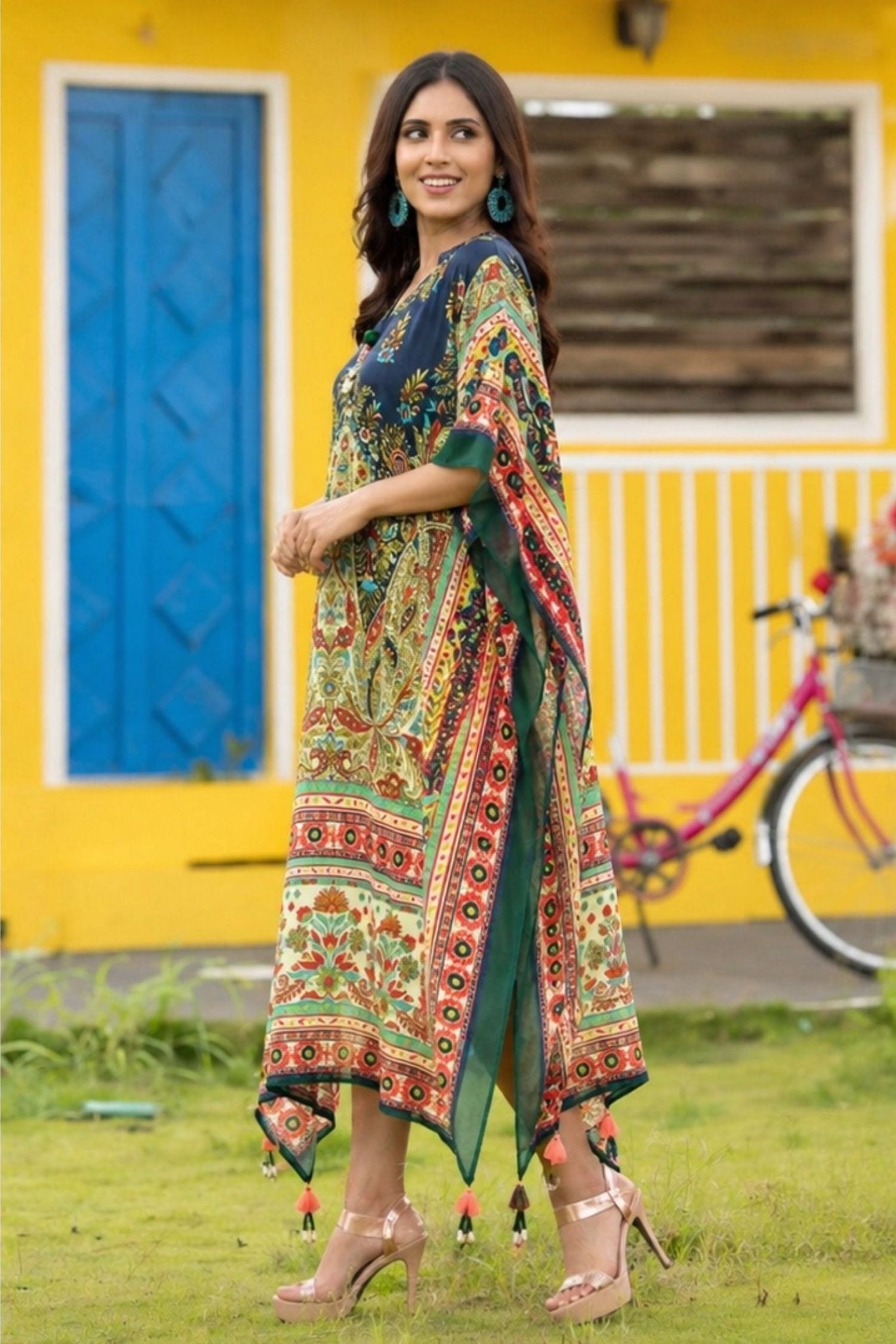 Chic Blue Long Kaftan with Printed Patterns - Freyaa USA & Canada
