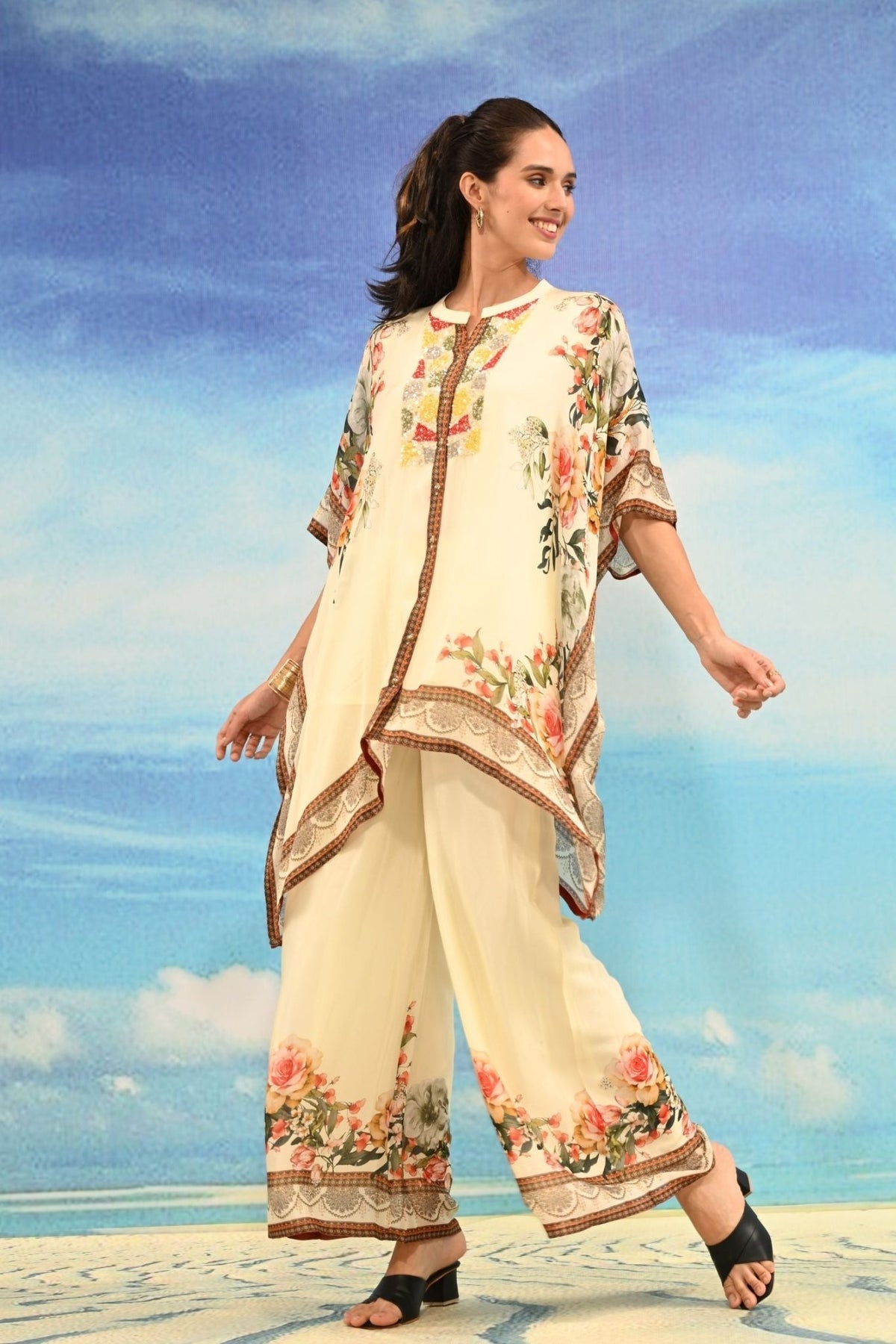 Beige Sharara-Style Two-Piece Cord Set with Detailed Embroidered Design - Freyaa USA & Canada
