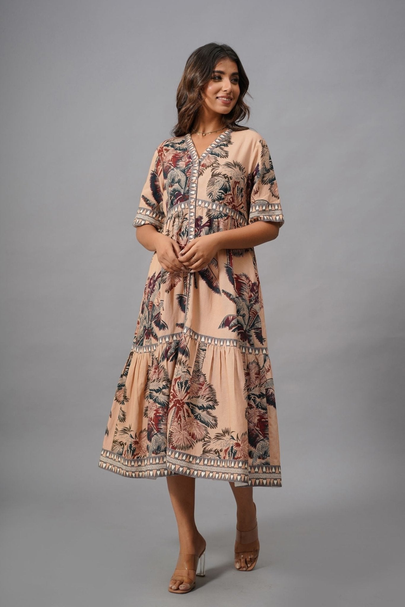 Peach Reverie Printed Midi Dress - Freyaa USA & Canada