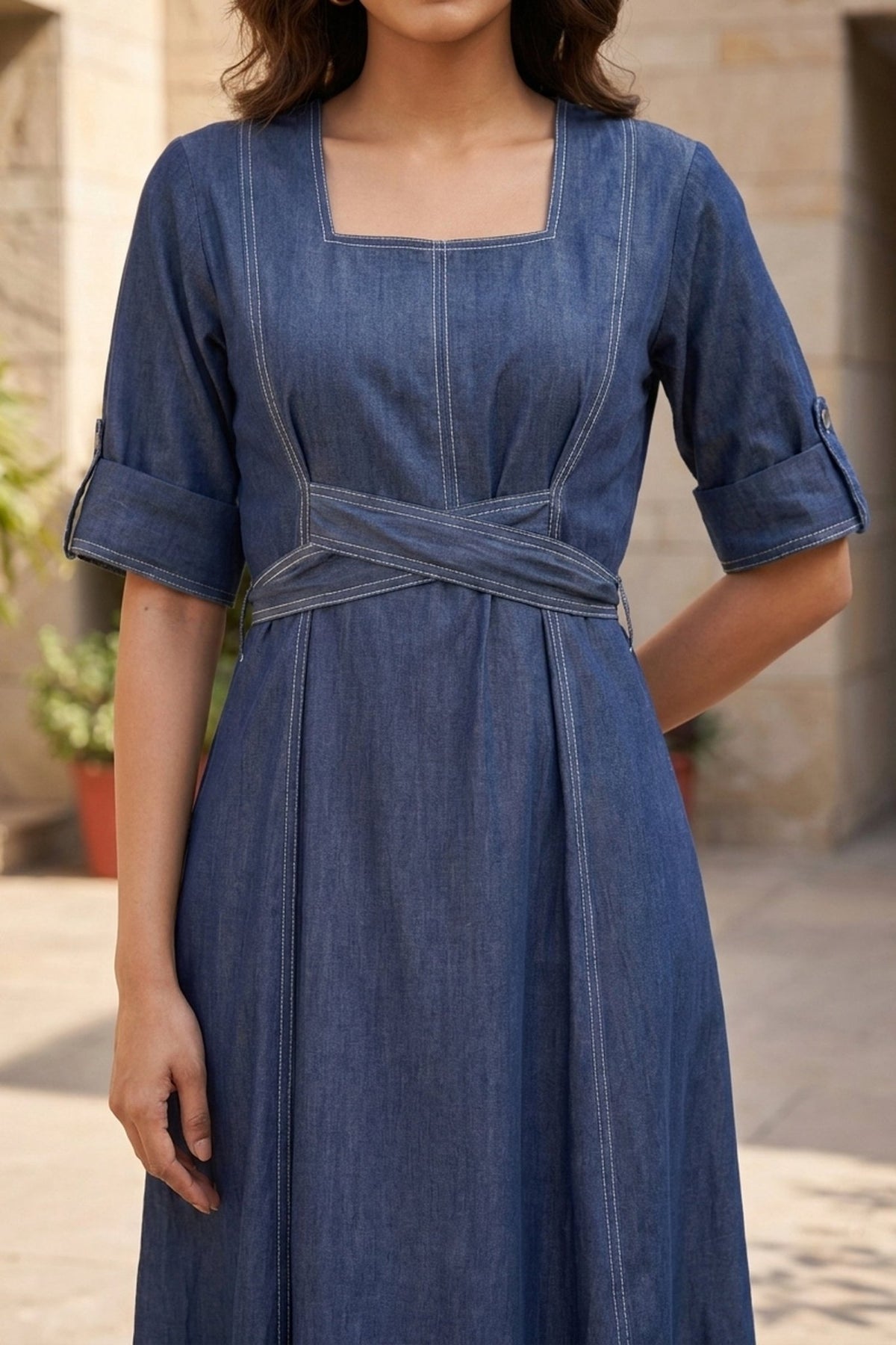 Indigo Blue Cotton Denim Long Dress - Freyaa
