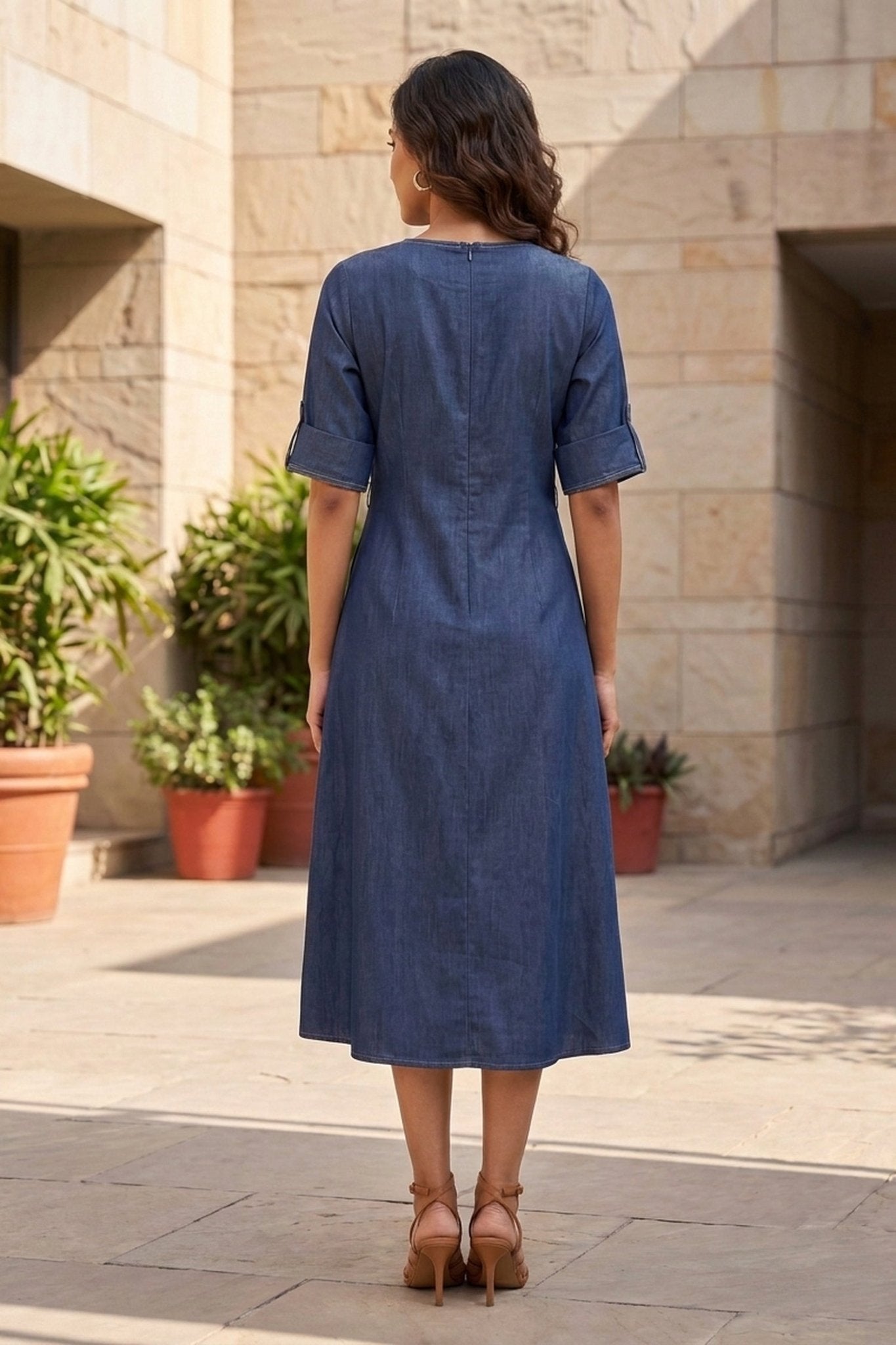 Indigo Blue Cotton Denim Long Dress - Freyaa USA & Canada