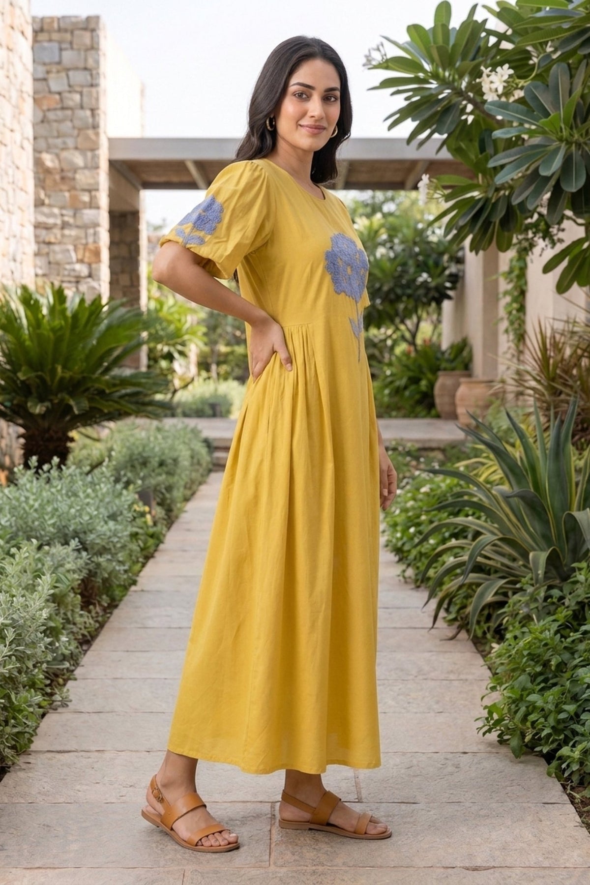 Sunshine Yellow Dress with Blue Floral Embroidery - Freyaa