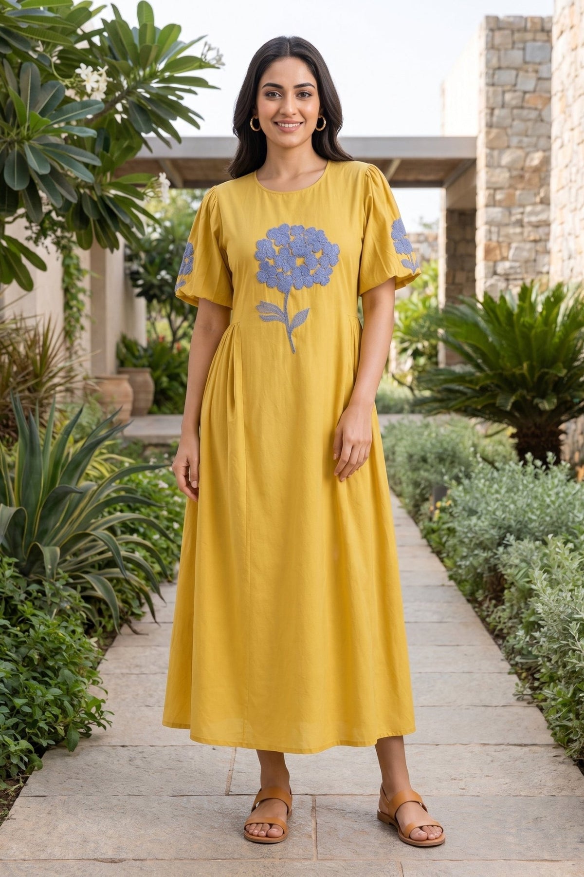 Sunshine Yellow Dress with Blue Floral Embroidery - Freyaa