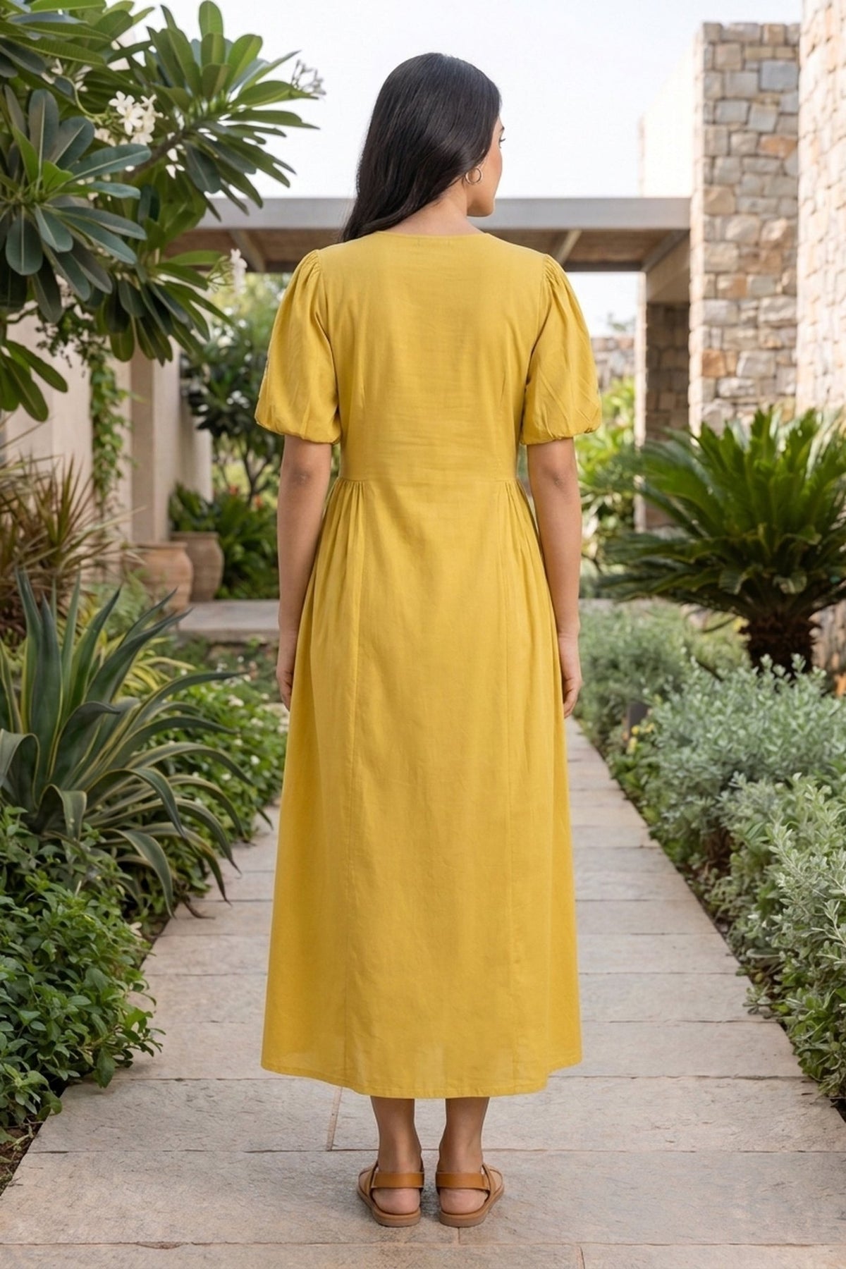 Sunshine Yellow Dress with Blue Floral Embroidery - Freyaa