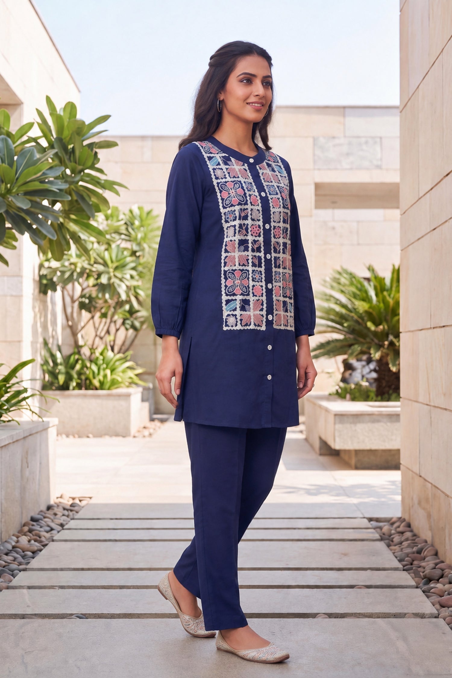 Navy Floral Embroidered CordSet