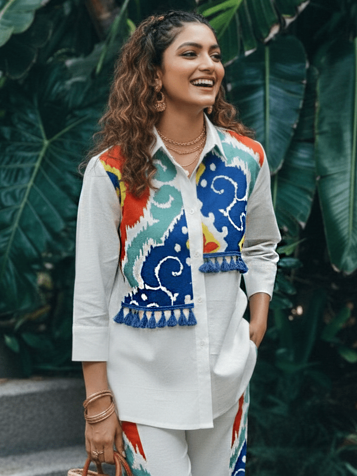 White Cotton Co-ord Set with Ikat-Inspired Panel Design & Shirt Collar - Freyaa USA & Canada
