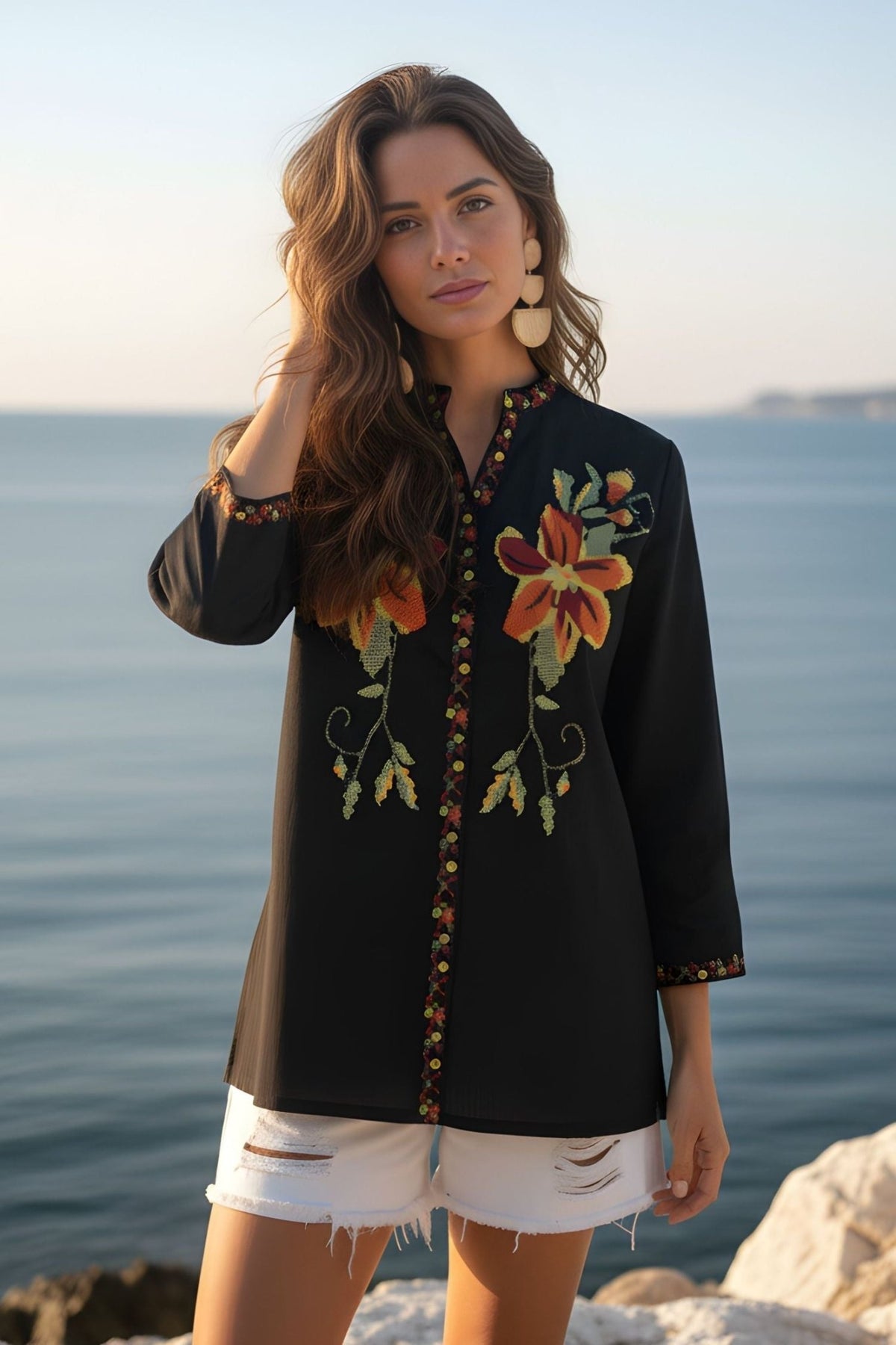 Black Floral Embroidered Tunic Top - Freyaa USA & Canada