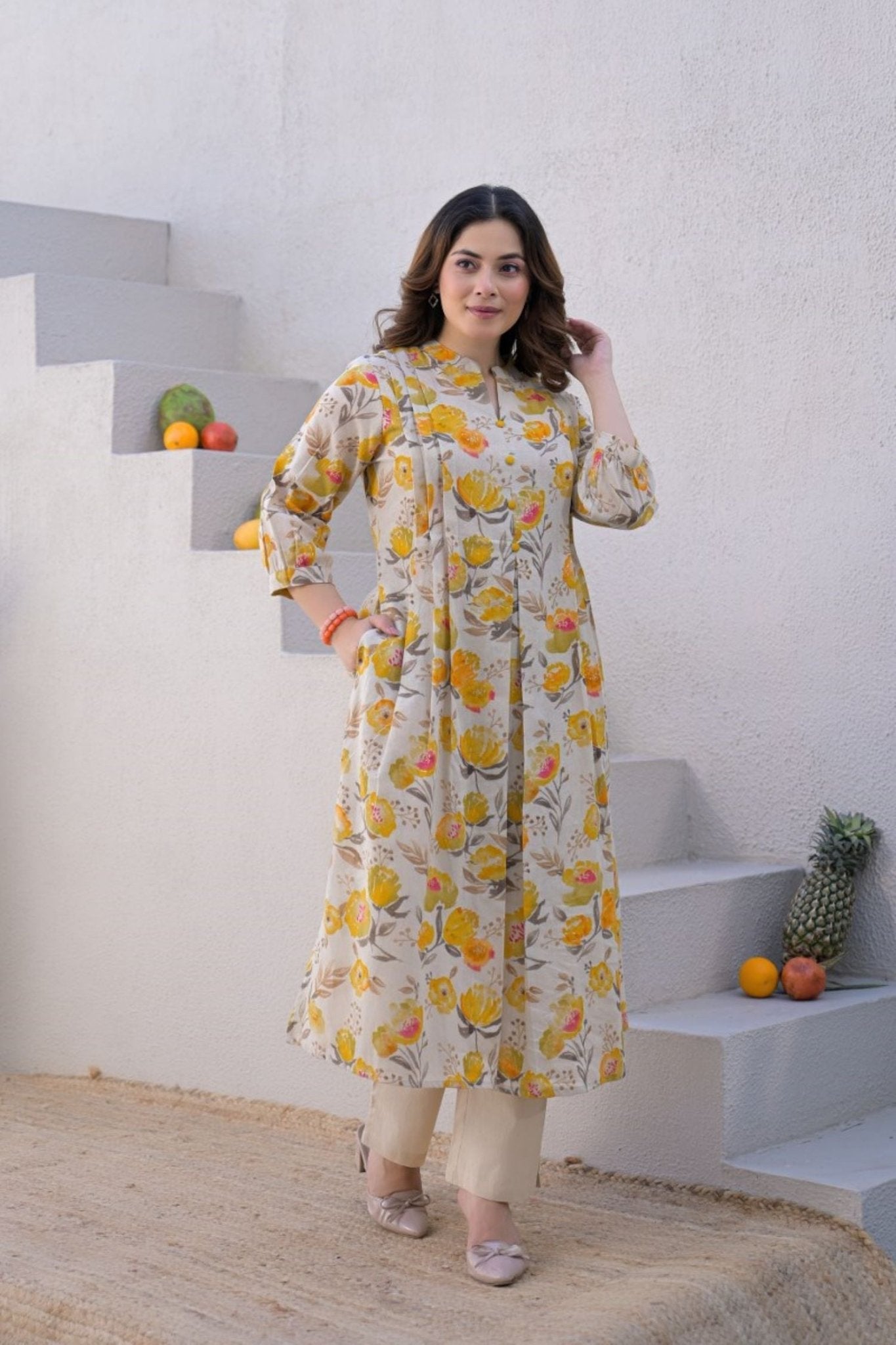 Summer Kurta Cord set Yellow Floral Print. - Freyaa USA & Canada