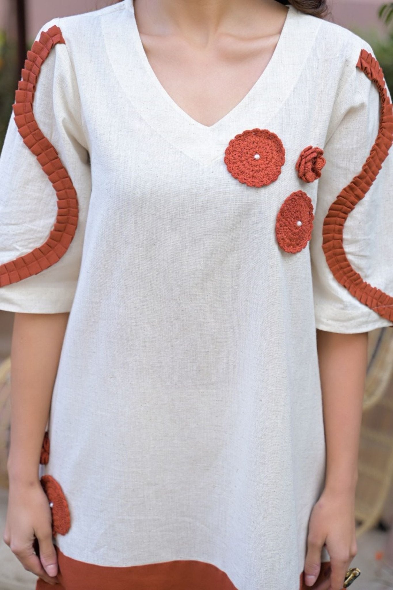 Rust Orange Tunic with Thread Work Embroidery - Freyaa USA & Canada