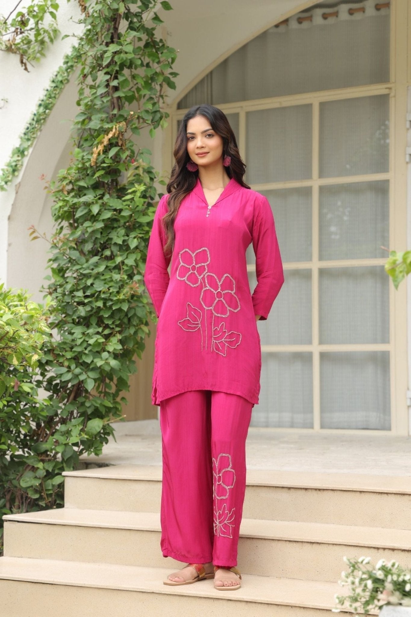 Fuchsia Pink Satin Golden Floral Embroidered Cord Set - Freyaa USA & Canada