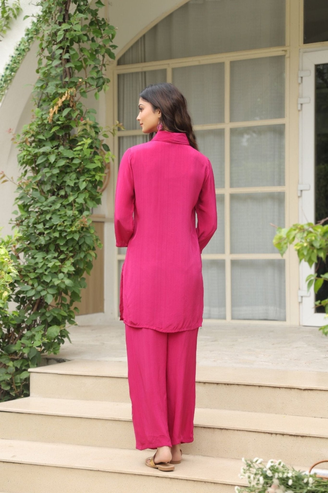 Fuchsia Pink Satin Golden Floral Embroidered Cord Set - Freyaa USA & Canada
