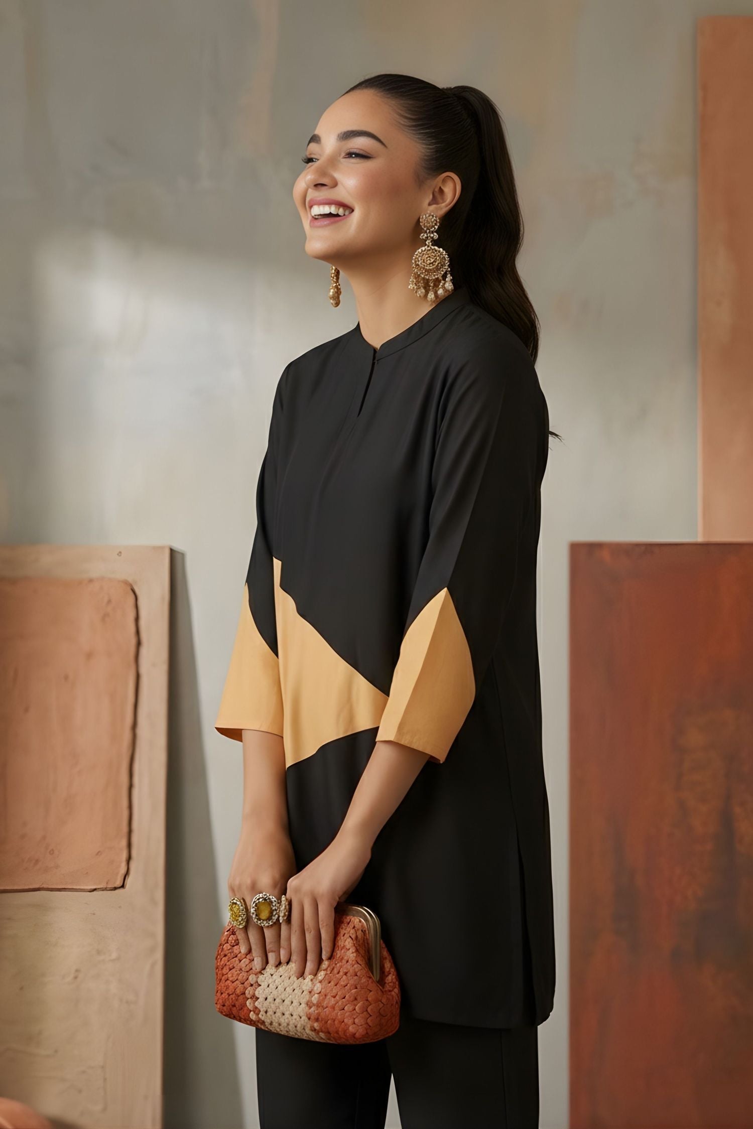 Black & Beige Color-Block Co-Ord Set