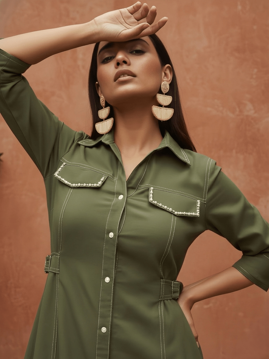 Olive Green Solid Denim Dress - Freyaa USA & Canada